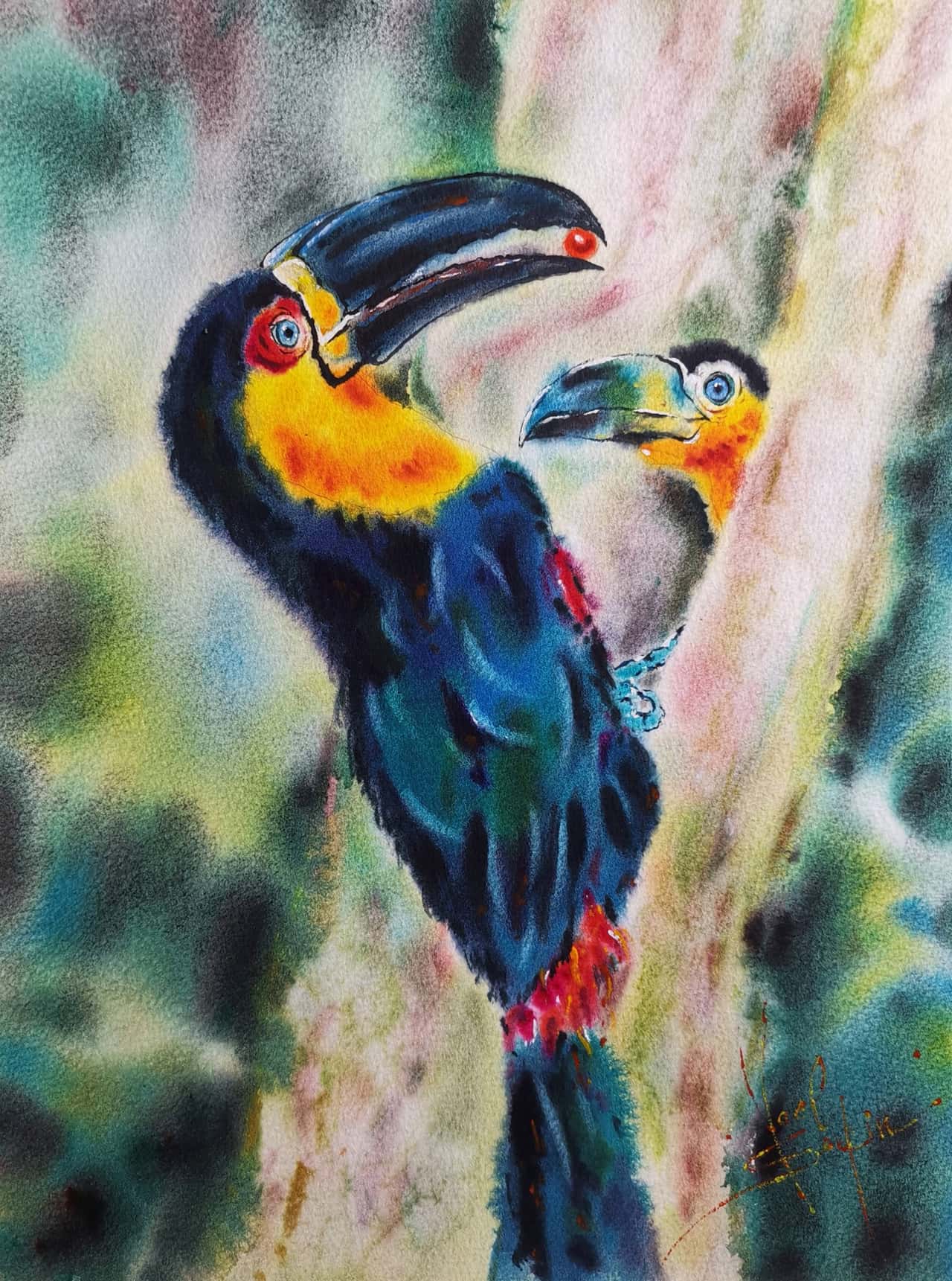 Original Watercolor Toucans Painting - Tropical Wildlife Wall Art