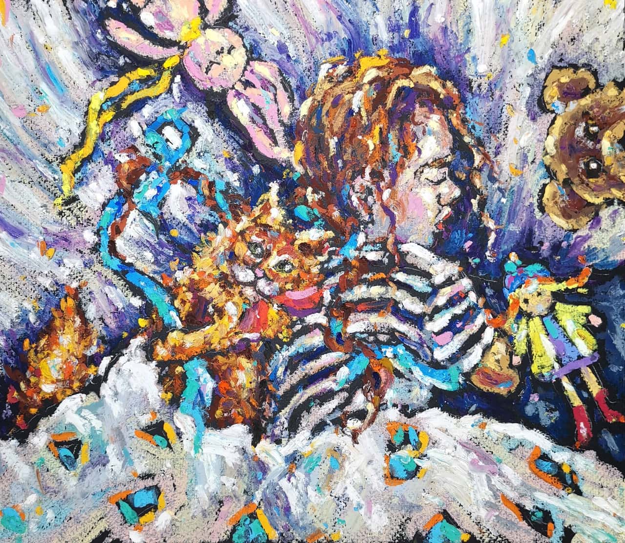 Original Oil Pastel Painting - Childhood Dreams with Toys