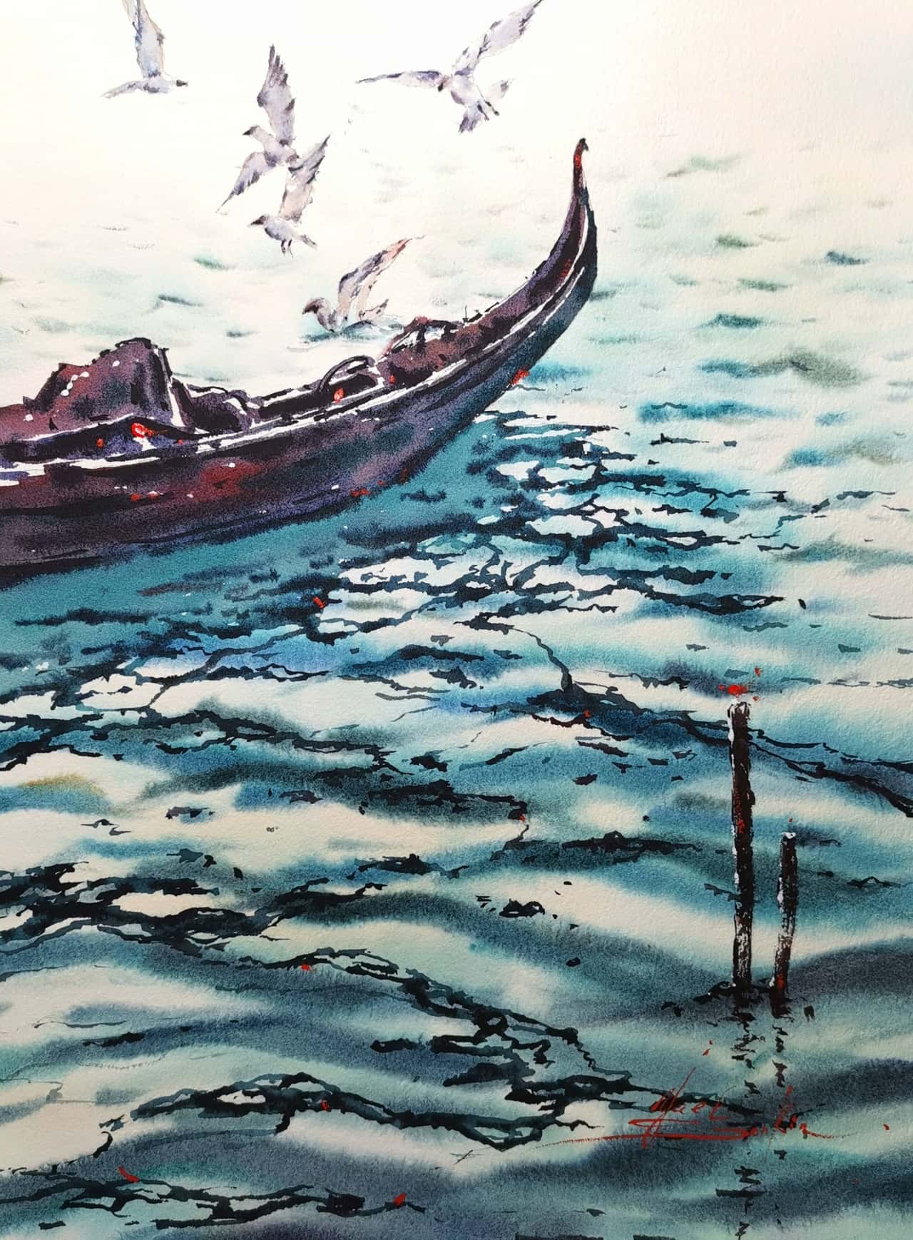 Original Watercolor Venice Gondola Painting - Italian Seascape Wall Art
