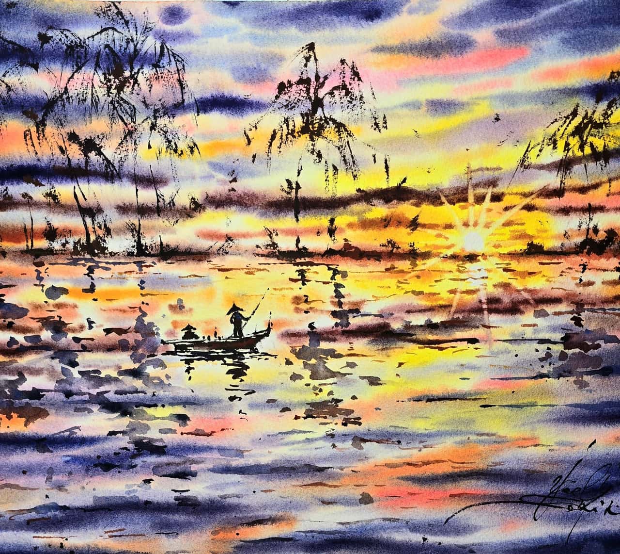Original Watercolor Painting - Vietnam Sunset River Landscape Art