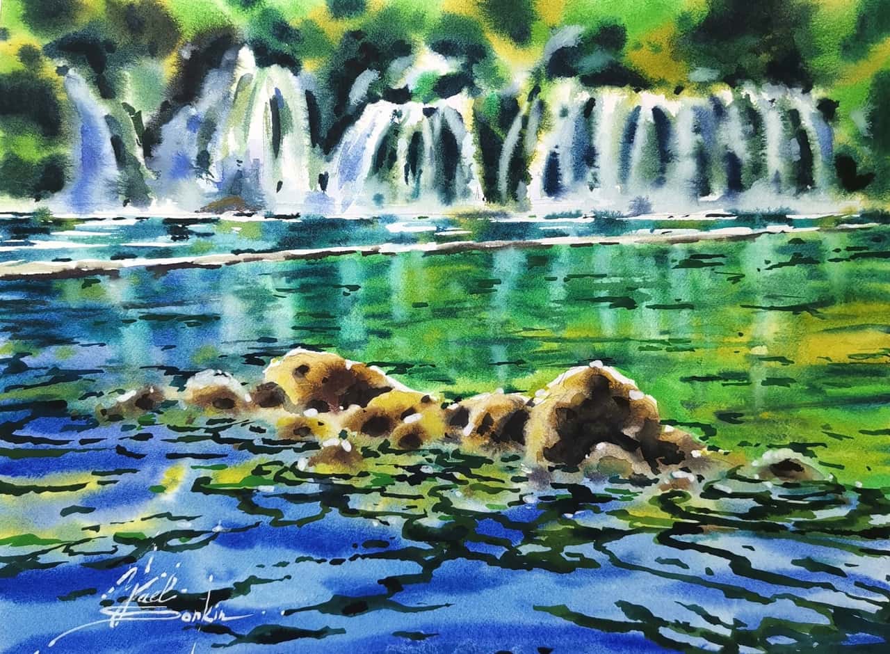 Original Watercolor KrKa Waterfalls in Croatia Painting - Landscape Wall Art