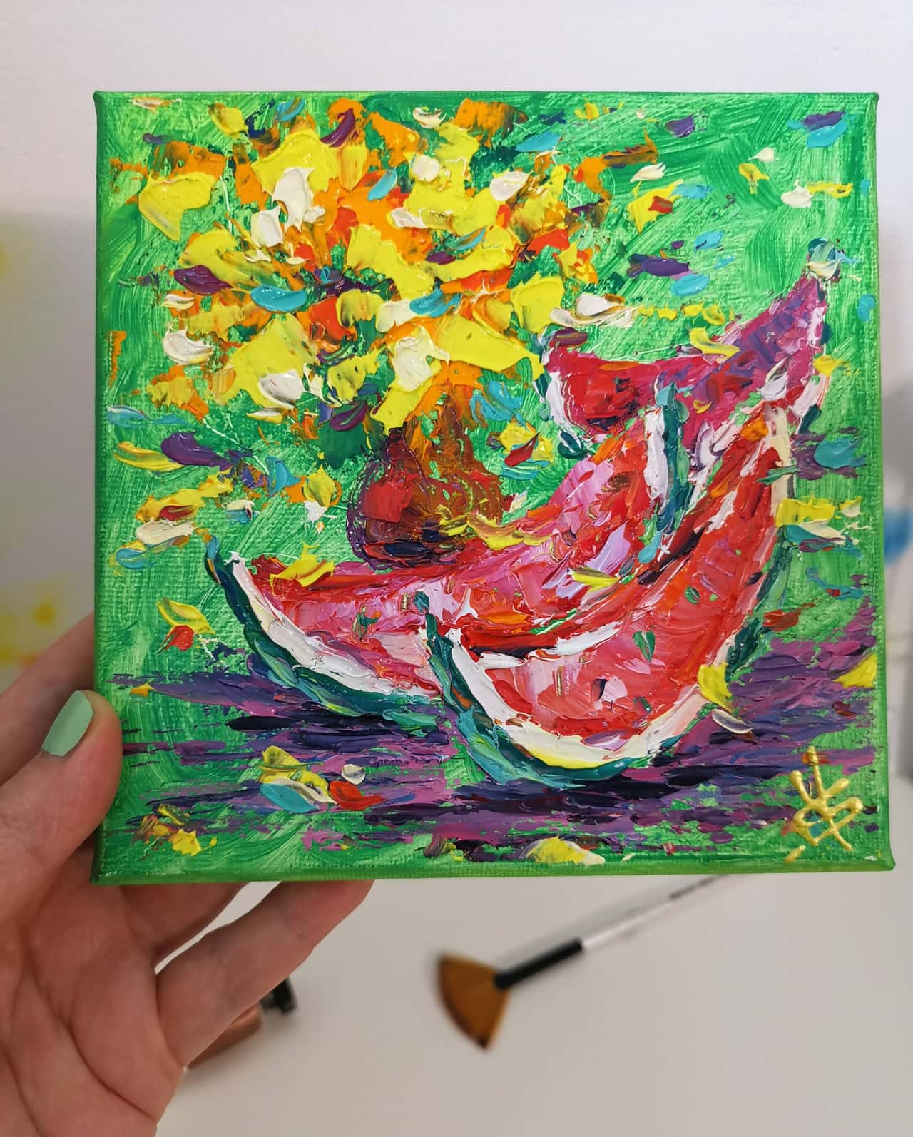 Original Impsto Oil Still Life Painting - Watermelon & Yellow Flowers Wall Art
