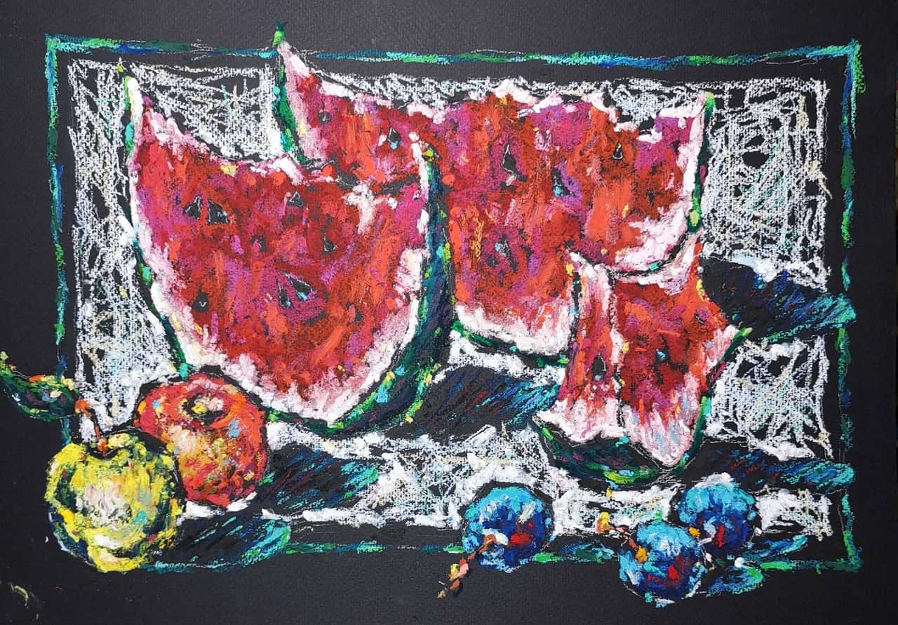 Original Oil Pastel Fruit Still Life Painting - Watercmelon, Plums and Apples Wall Art