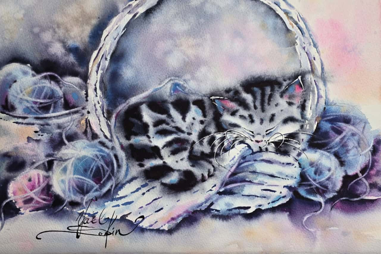 Sleeping Kitten Watercolor Painting, Original Cat Wall Art with Yarn Basket