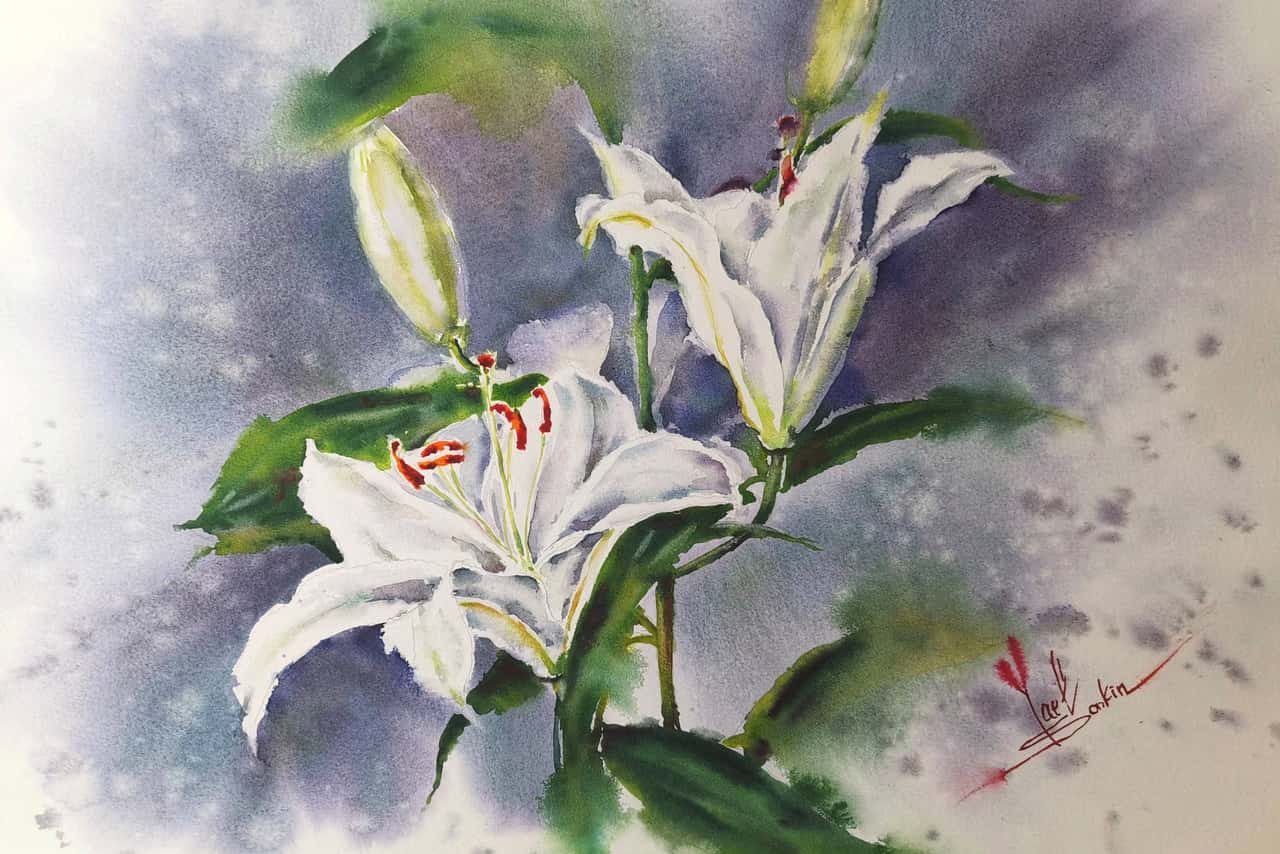 Original Watercolor White Lily Painting - Floral Wall Art - Botanical Wall Decor