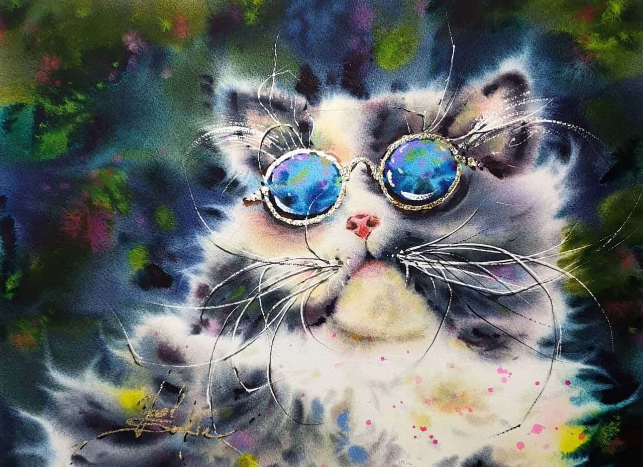 Original Glamour Watercolor Cat Painting - Stylish Modern Wall Art