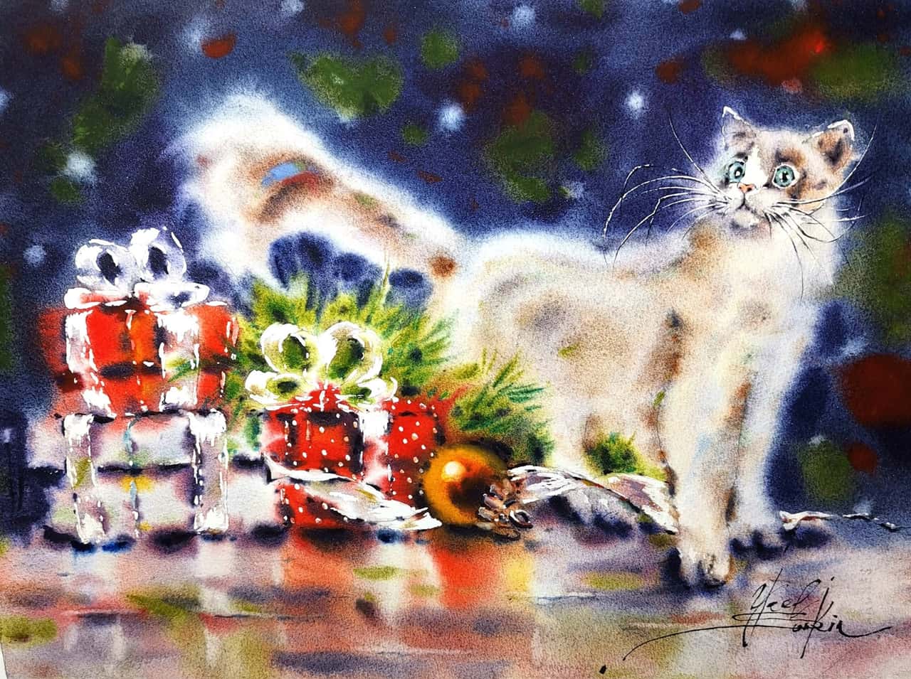 Original Watercolor Fluffy White Cat Painting - Christmas Gifts Wall Art, Holiday Still Life Art Decor