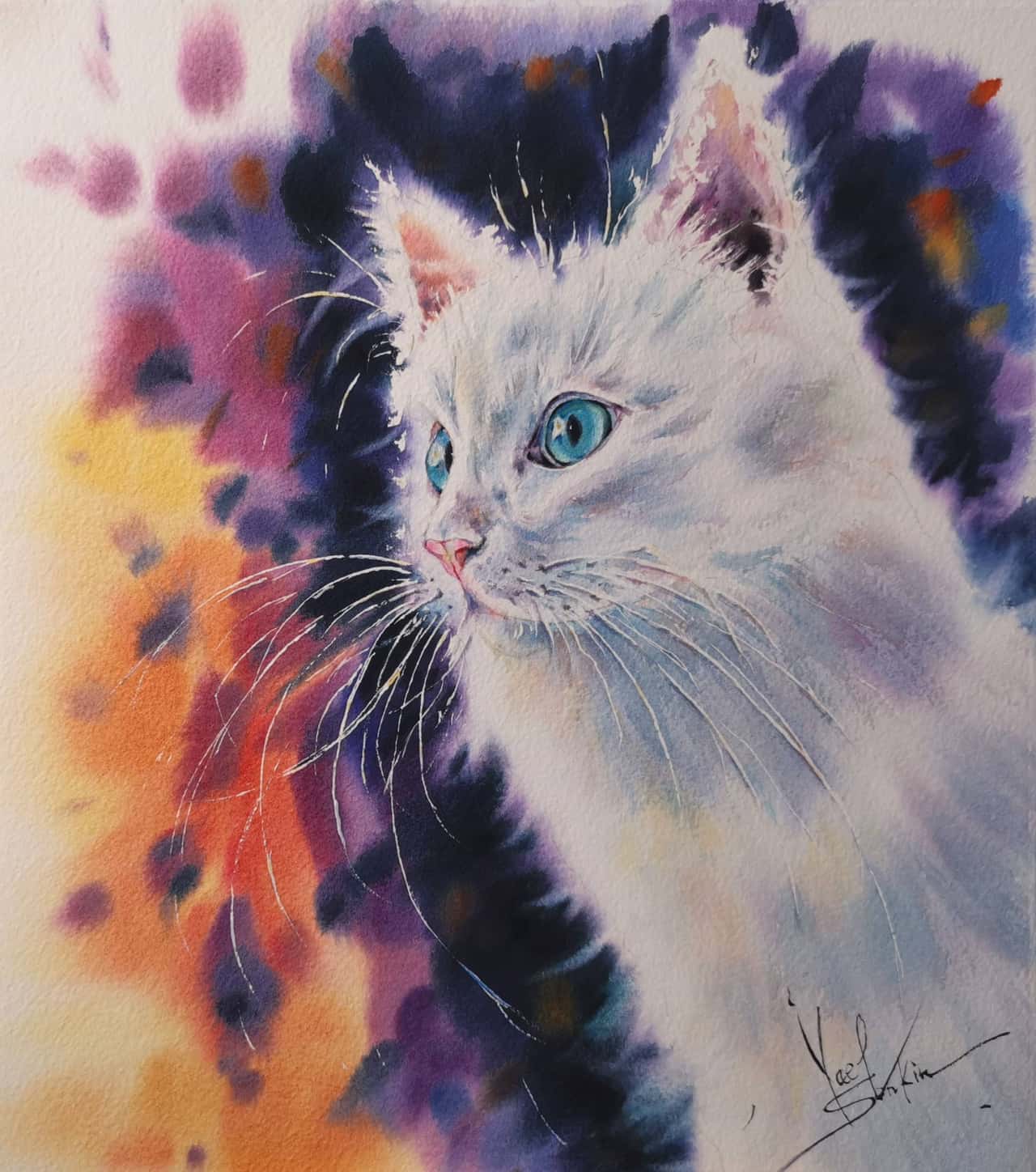 White cat artwork Original watercolor painting