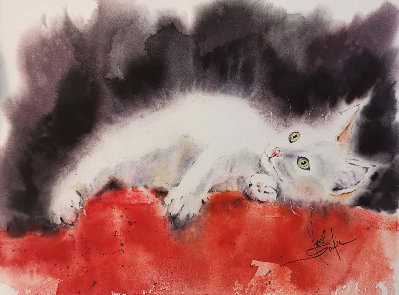 White cat painting Original watercolor Artwork