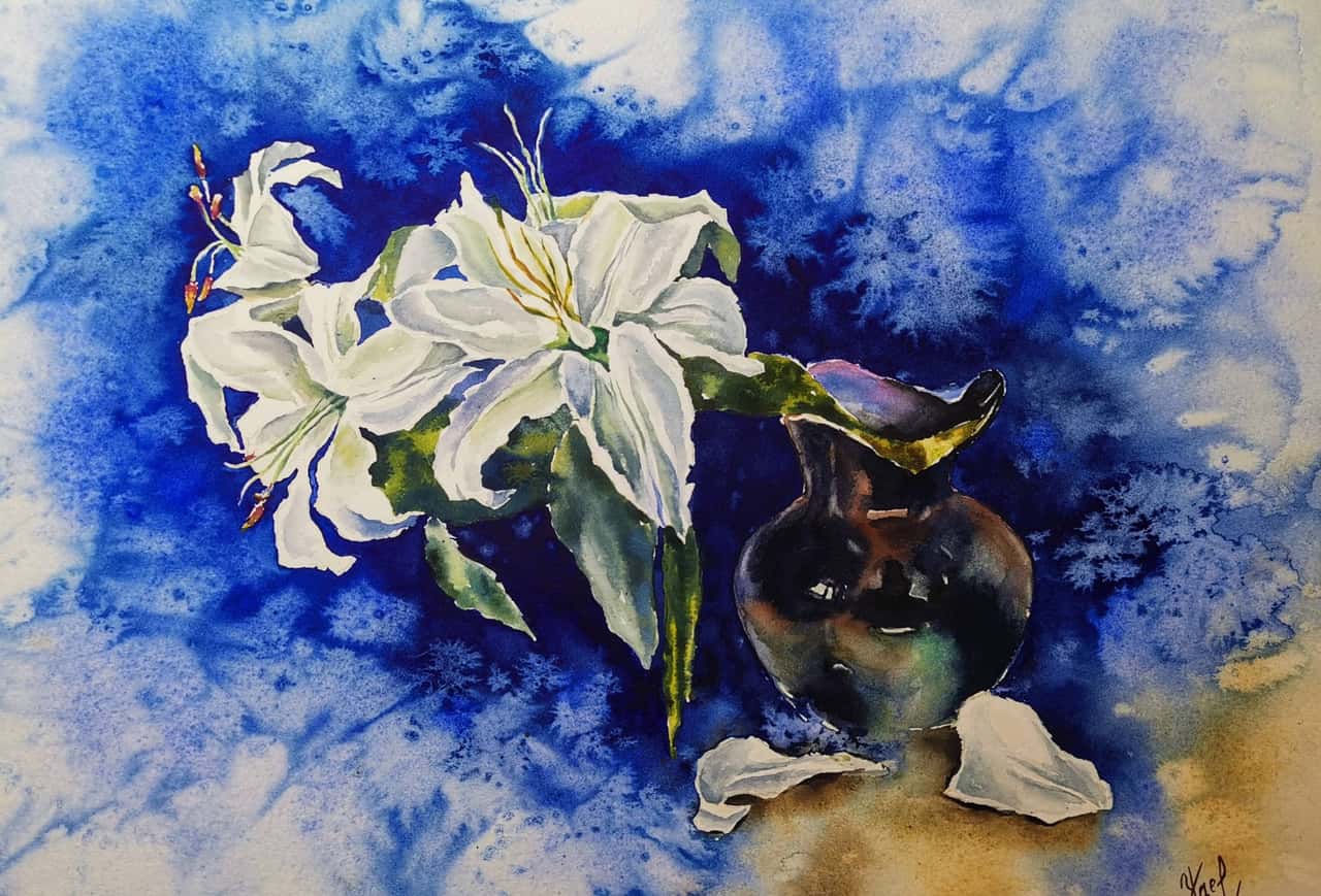 Original Watercolor White Lilies Painting - Floral Still Life Wall Art