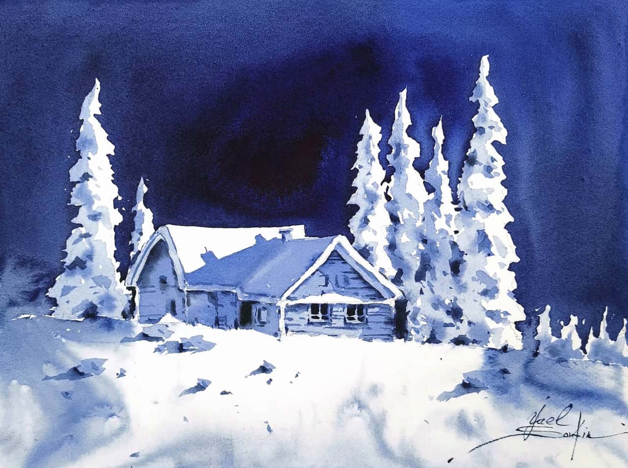 Original Watercolor Winter Night Landscape Painting - Snowy Scene Wall Art