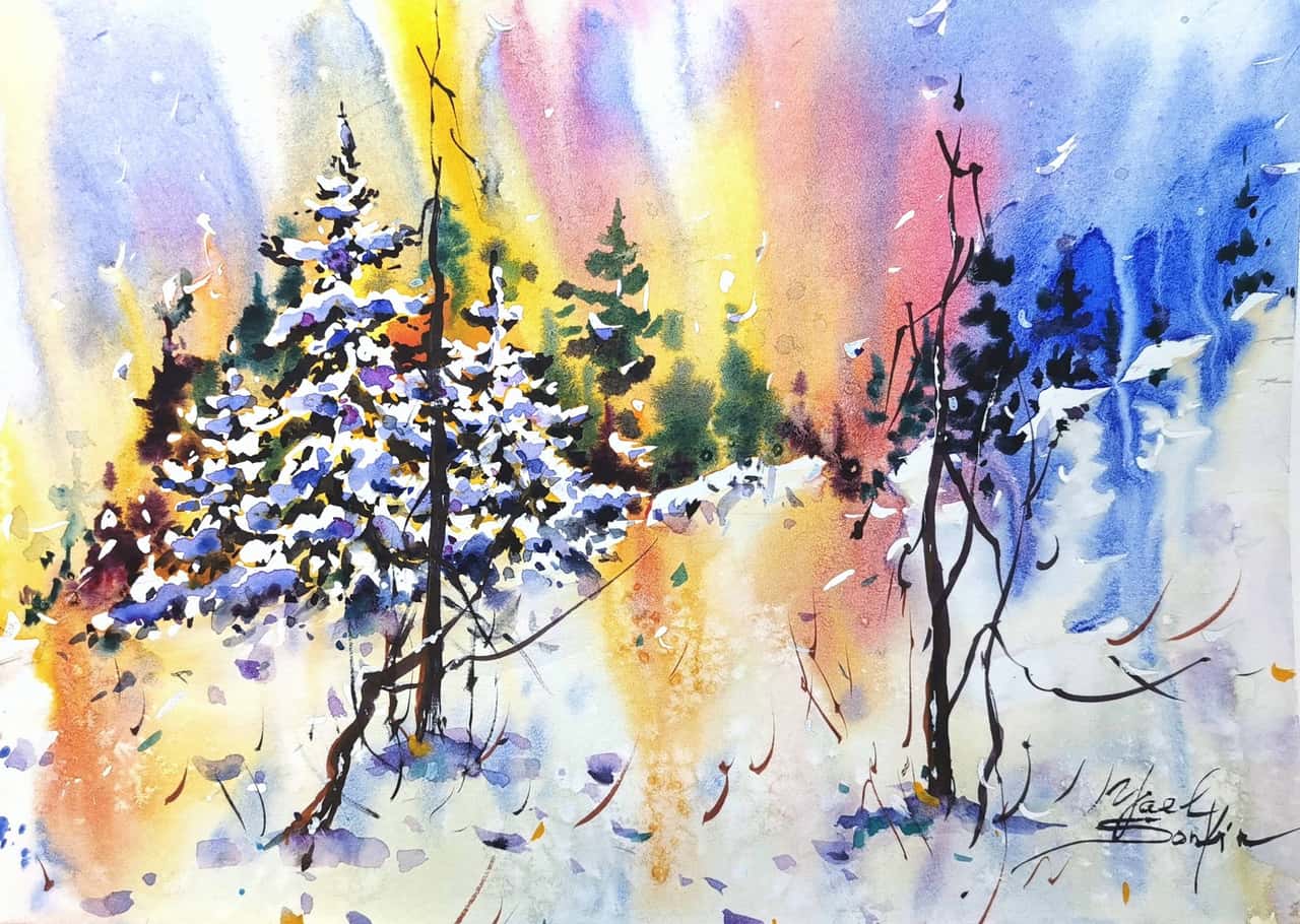Original Watercolor Winter Sunset Painting - Snowy Landscape Wall Art