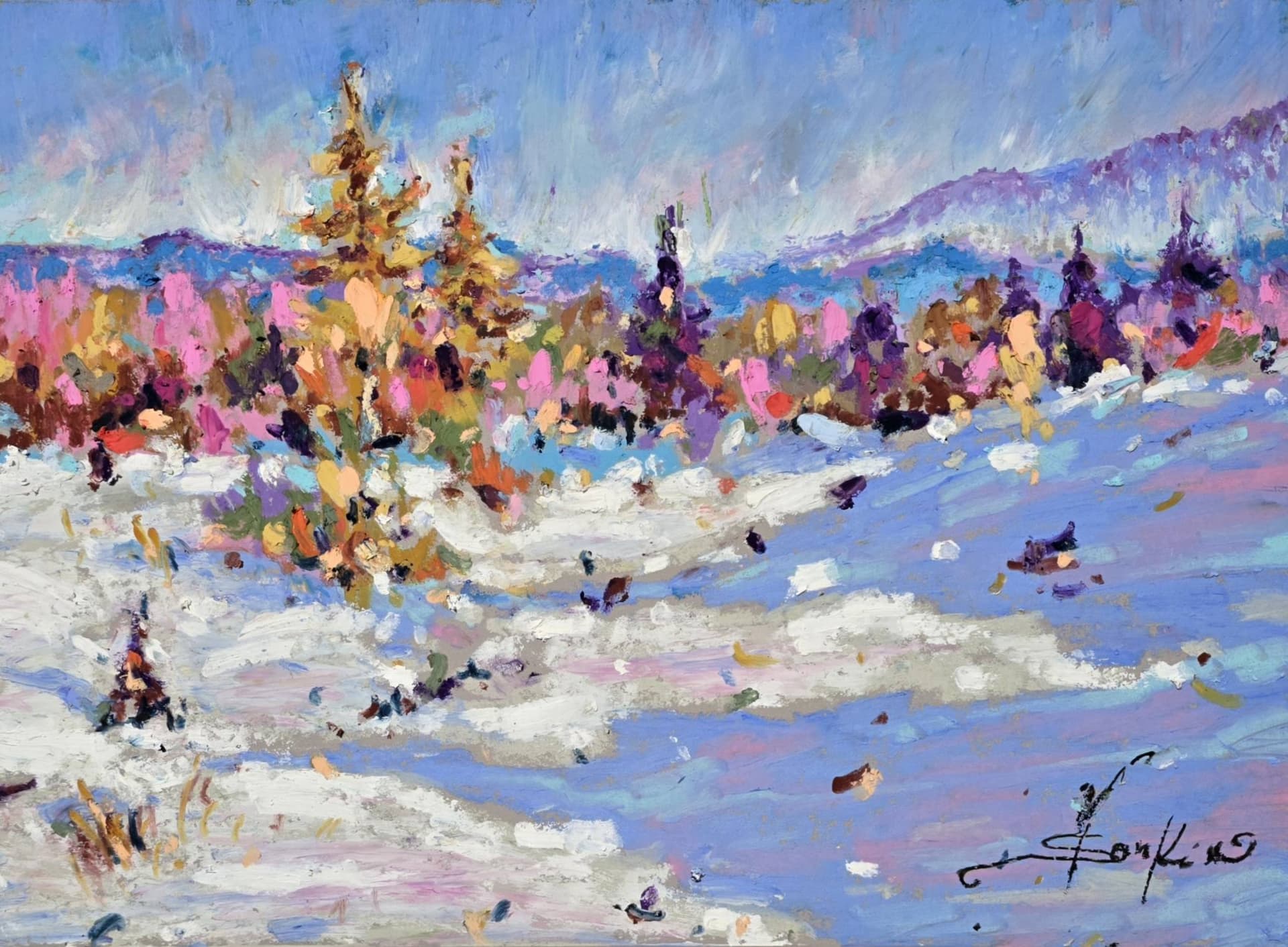 Original oil pastel winter landscape painting with snowy field, colorful trees, and bright blue sky on textured paper - vibrant 9x12 artwork by Yael Natali