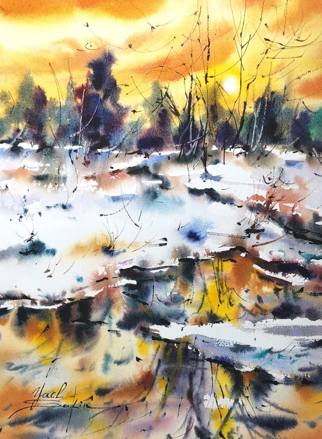 Original Watercolor Winter Sunset Landscape with Reflections