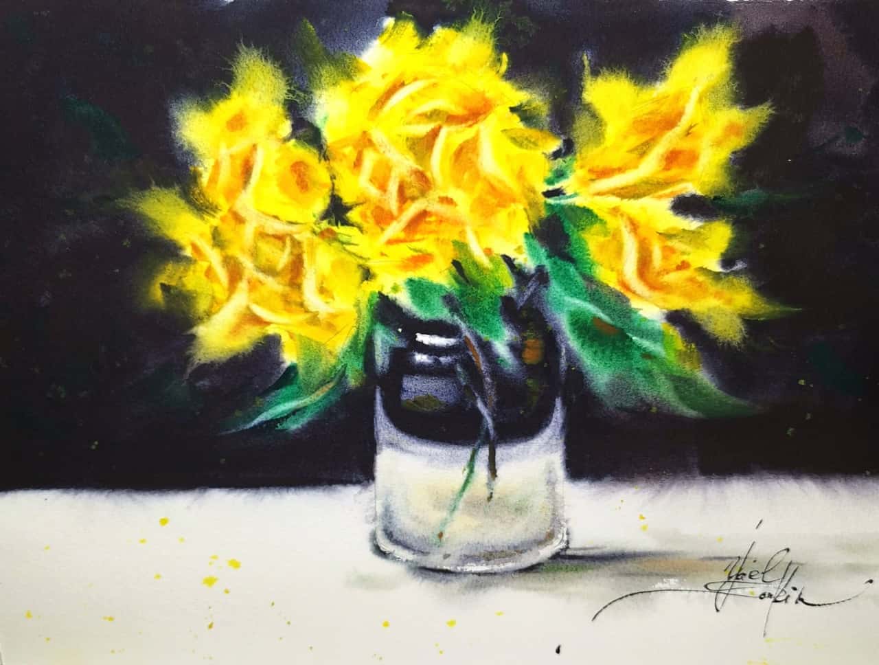 Yellow Roses on Dark Background - Original Watercolor Floral Painting