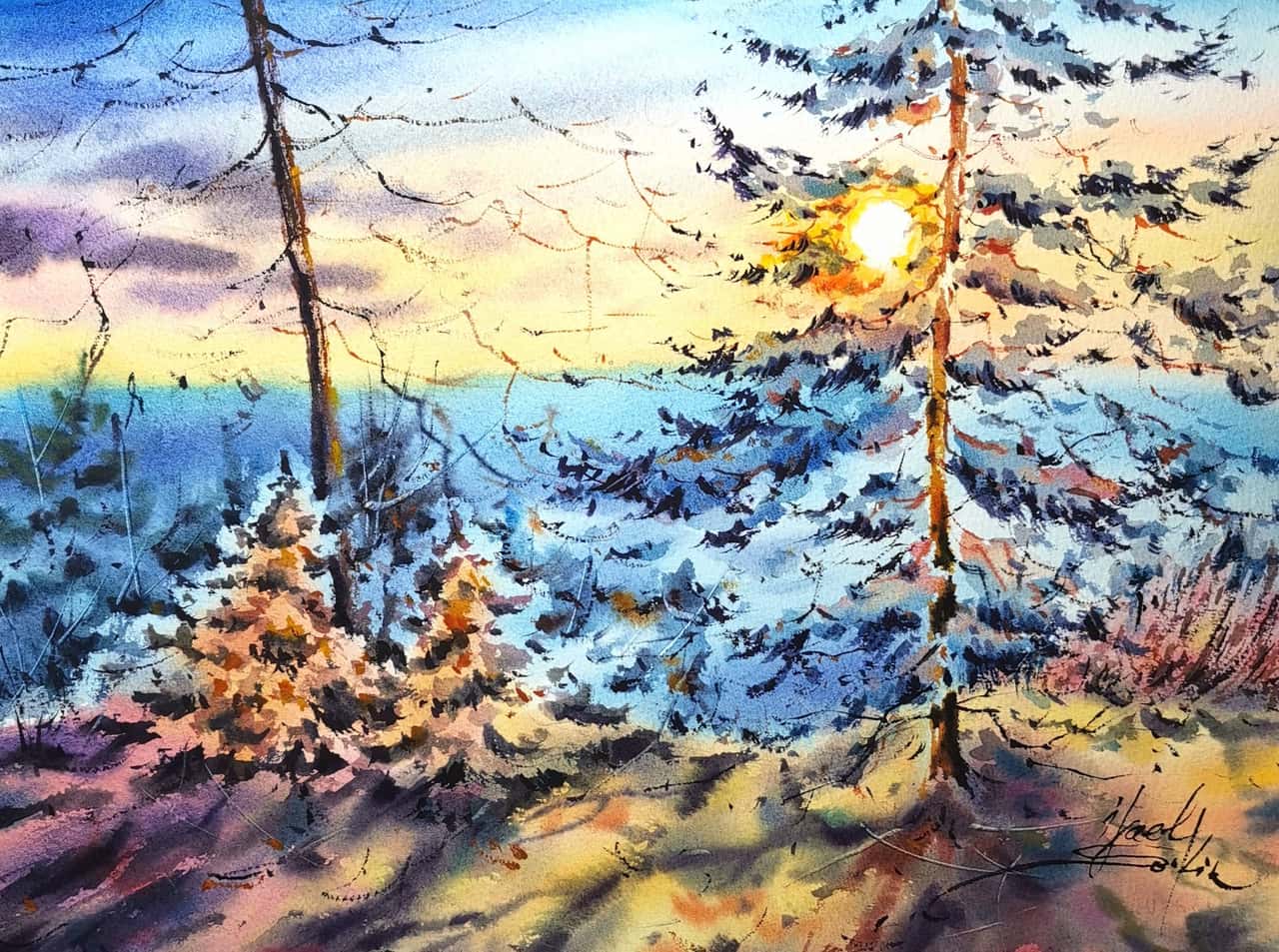 Original Watercolor Sunset Landscape Painting - Pine Forest Wall Art