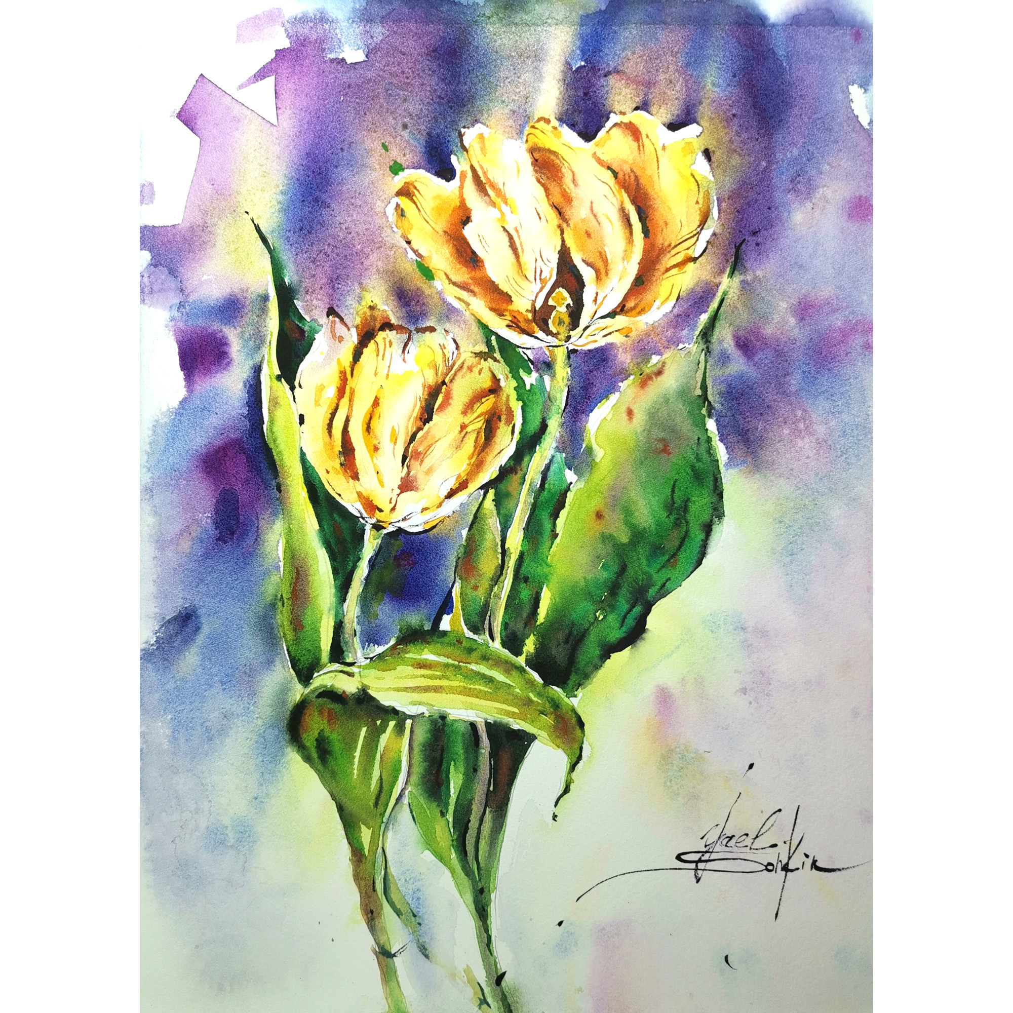 Original watercolor painting of yellow tulips by artist Yael Natali. Vibrant floral artwork featuring golden tulips with green leaves on a soft violet and blue background, symbolizing spring, light, and renewal. Hand-painted botanical wall art in expressive modern watercolor style