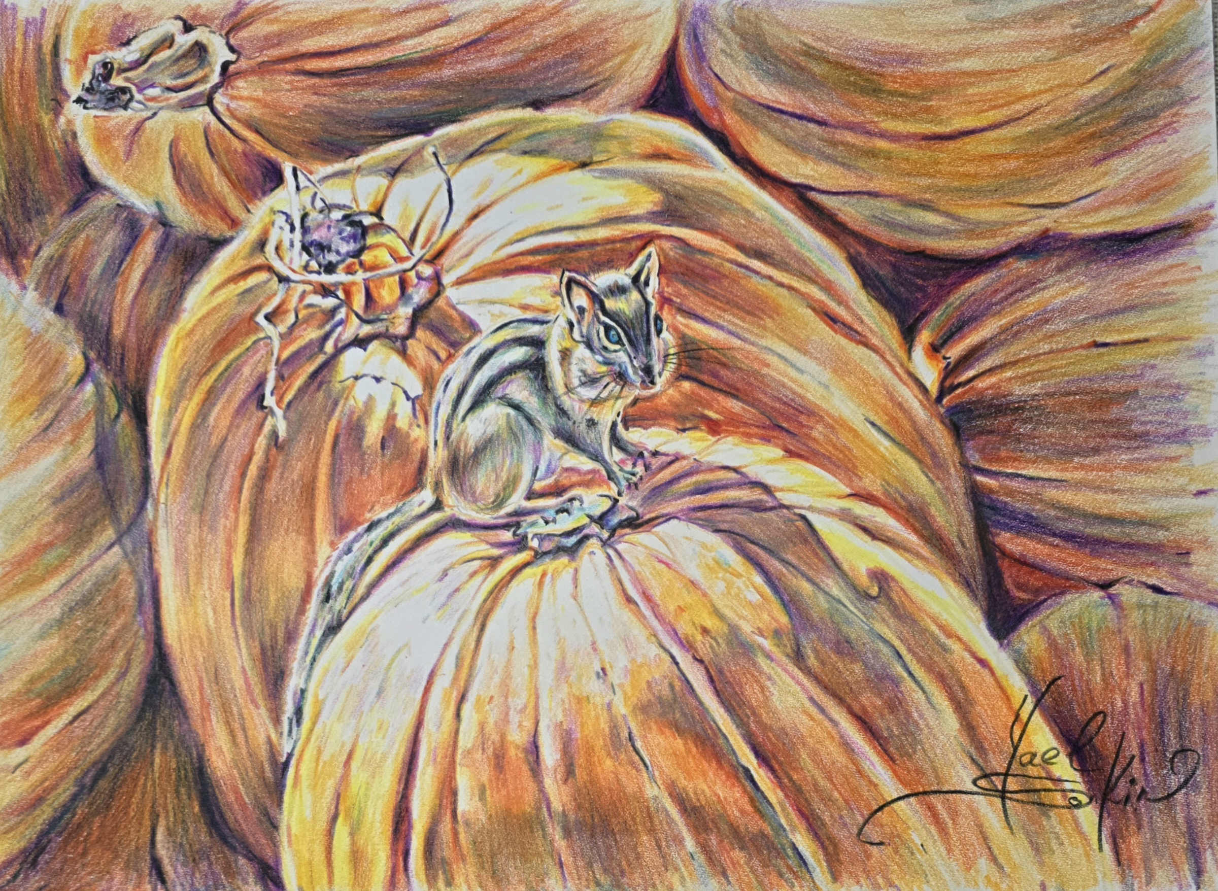 Watercolor pencil drawing of a chipmunk sitting on large orange pumpkins, detailed autumn still life with warm colors, original art by Yael Natali