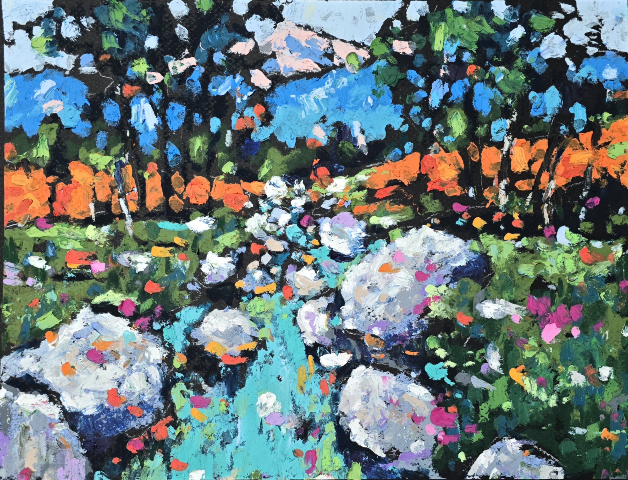 Original oil pastel painting by Yael Natali - colorful autumn landscape with a stream, rocks, and wildflowers inspired by vibrant fall colors, impressionist nature artwork on paper.