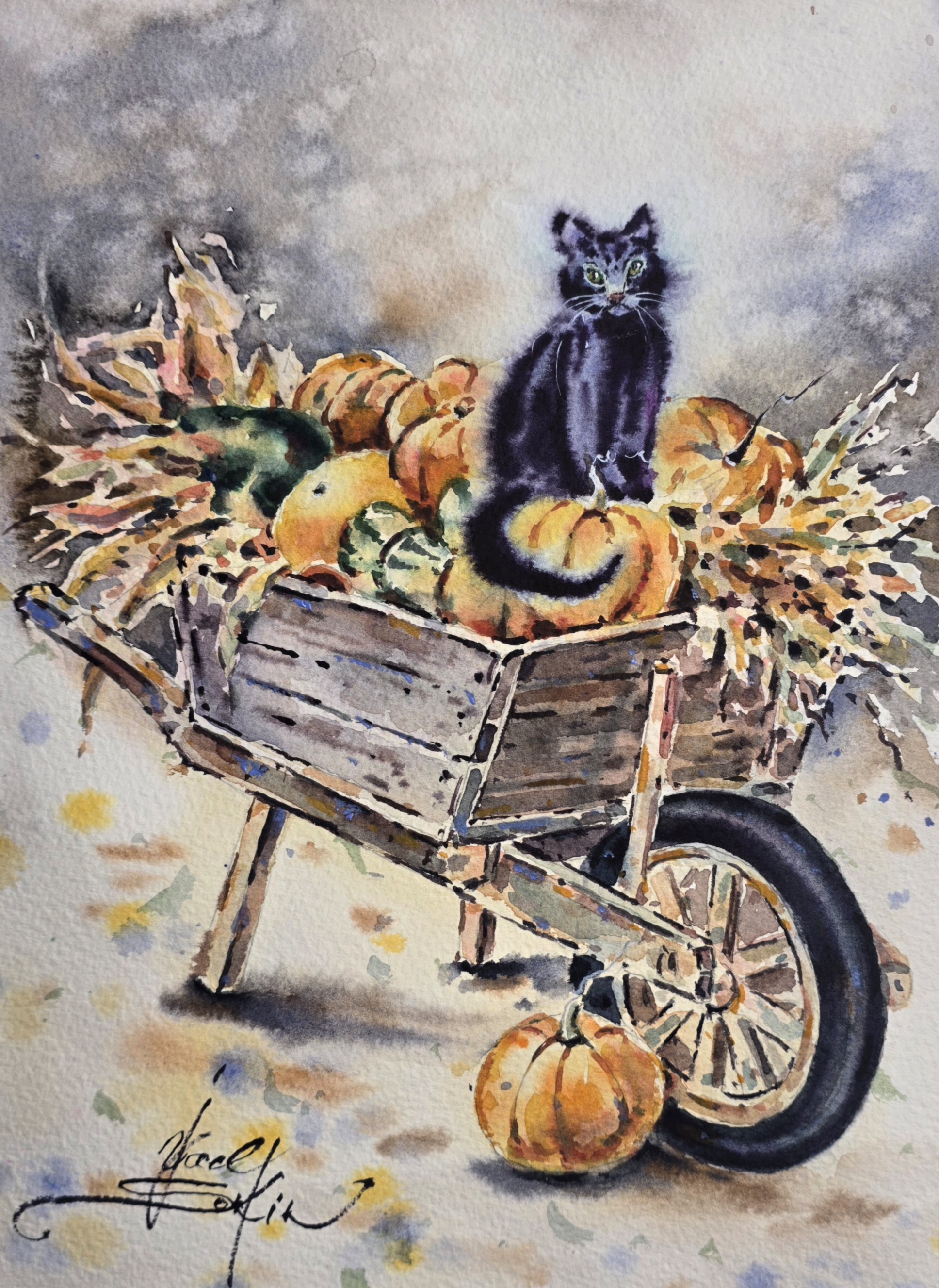 Original watercolor painting of a black cat sitting among pumpkins in a rustic wooden cart, autumn art