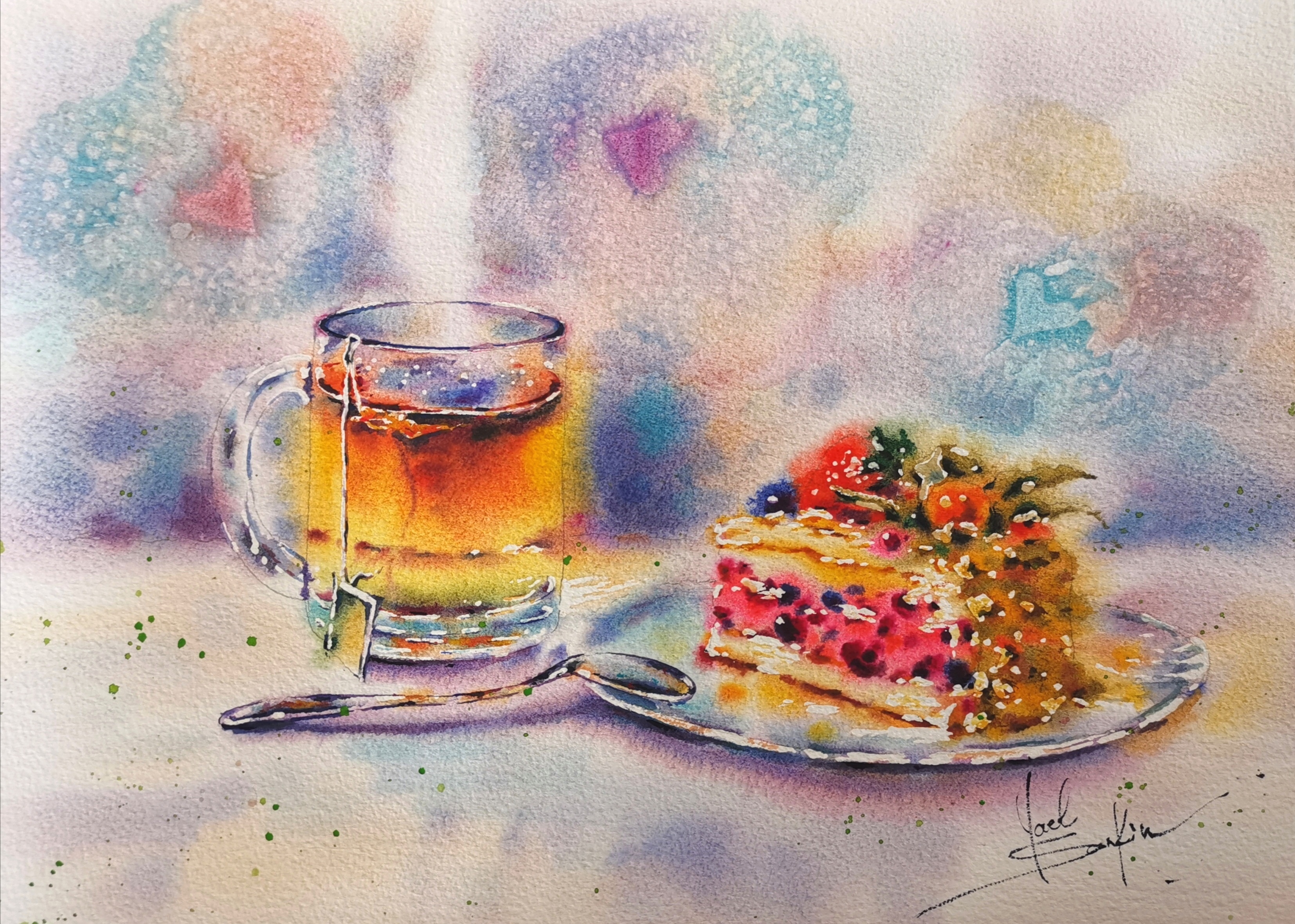 original watercolor painting of a glass of tea and berry cake on a plate by artist Yael Natali. Cozy dessert still life artwork with warm light and pastel background, perfect for kitchen or dining room wall decor. Hand-painted on 100% cotton paper, unframed, 11x15 inches