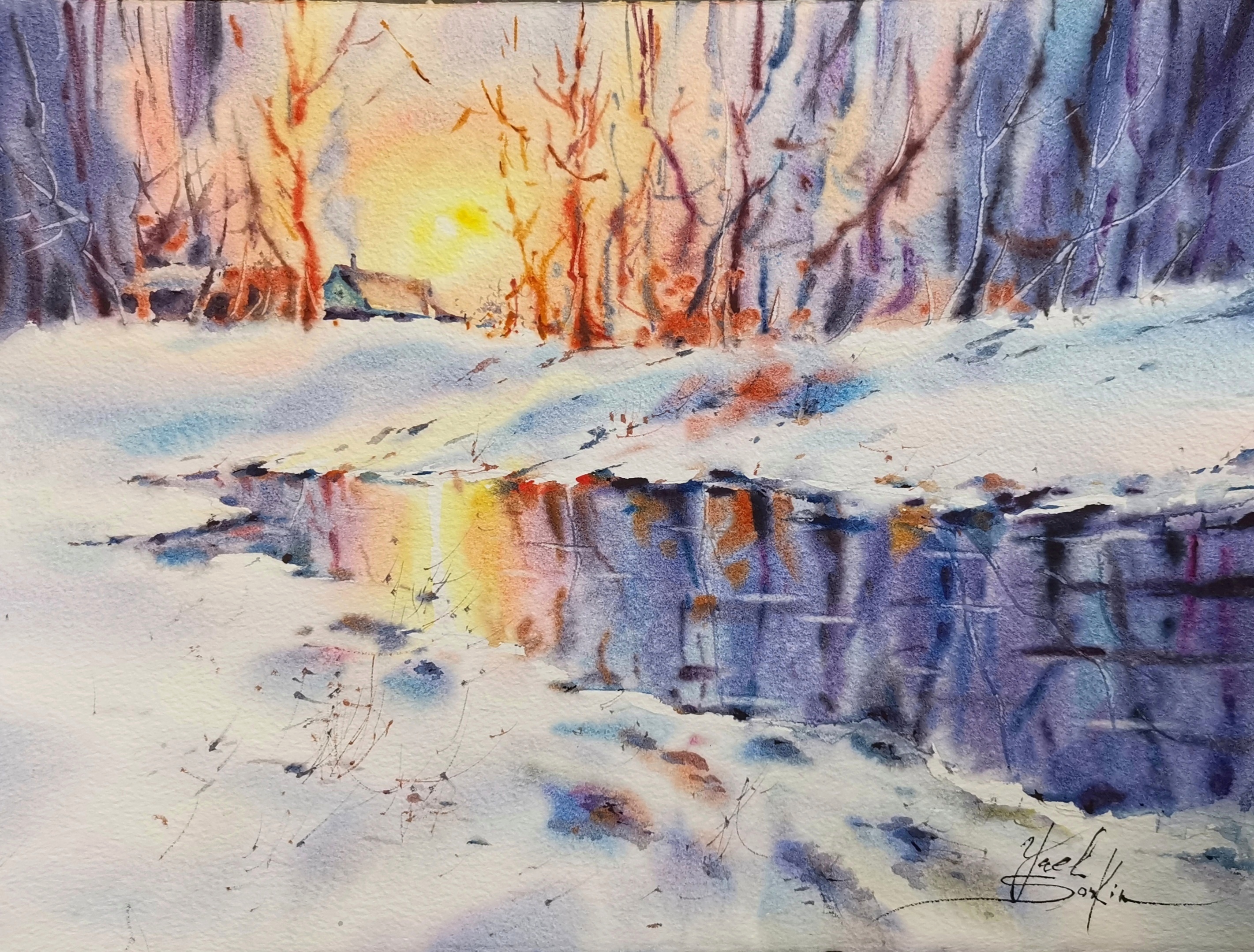 “Frozen Reflections watercolor painting by Yael Natali — serene winter landscape with snow, sunset light, and colorful reflections on frozen water. Original 11x15 inch artwork, fine art watercolor wall decor for home or office