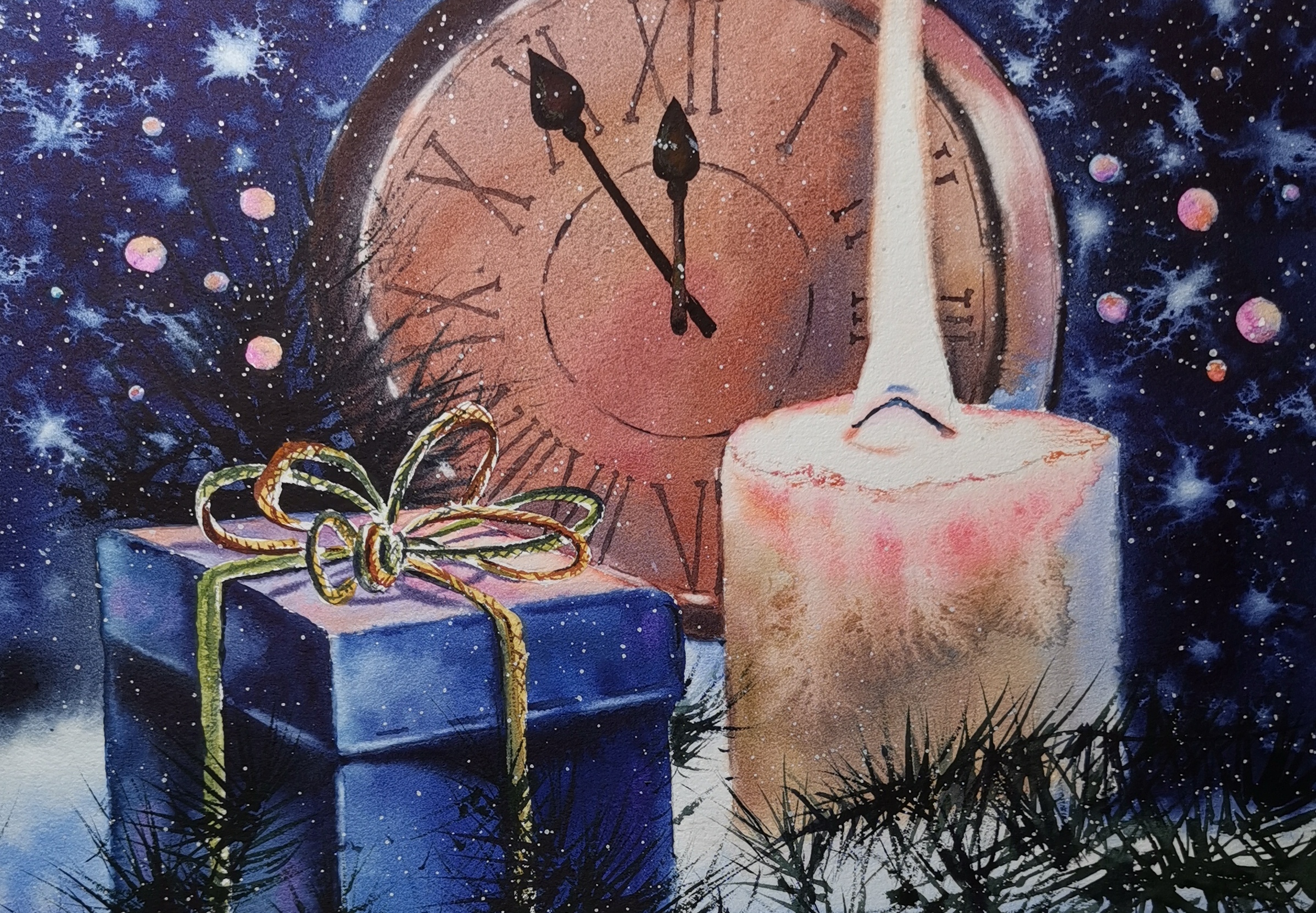 Original watercolor painting “New Year’s Eve Still Life” by Yael Natali — glowing candle, vintage clock at midnight, and blue gift box with golden ribbon against a starry night background, festive Christmas and New Year holiday artwork