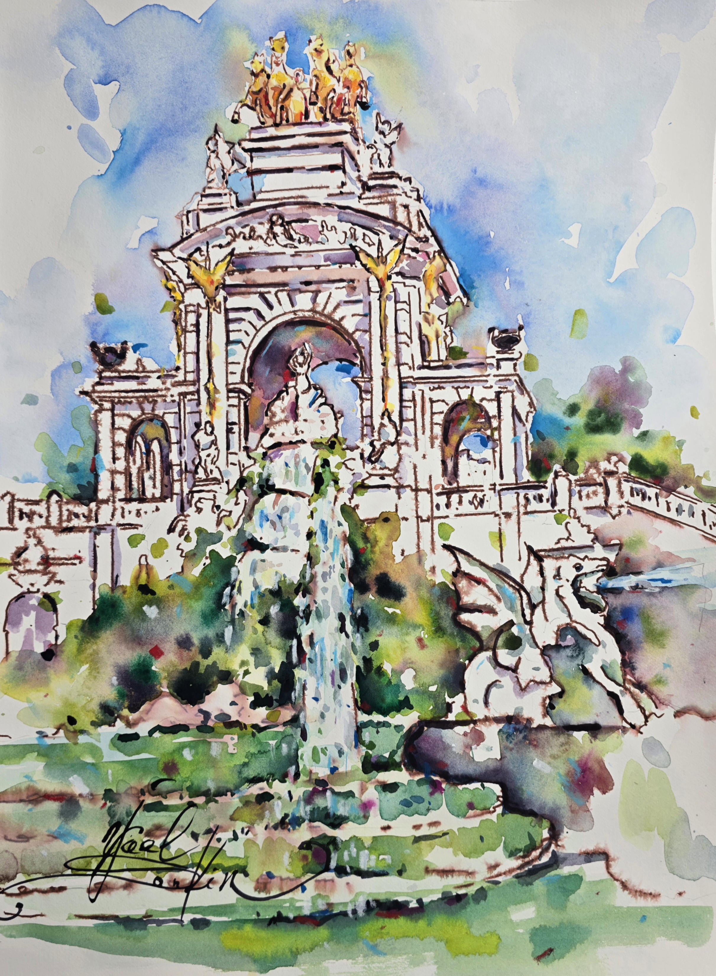 original watercolor sketch of Cascada Monumental fountain in Parc de la Ciutadella, Barcelona, painted by artist Yael Natali. Vibrant architectural watercolor art with golden statues, flowing water, and Mediterranean light — perfect travel and urban sketch artwork inspired by Spain