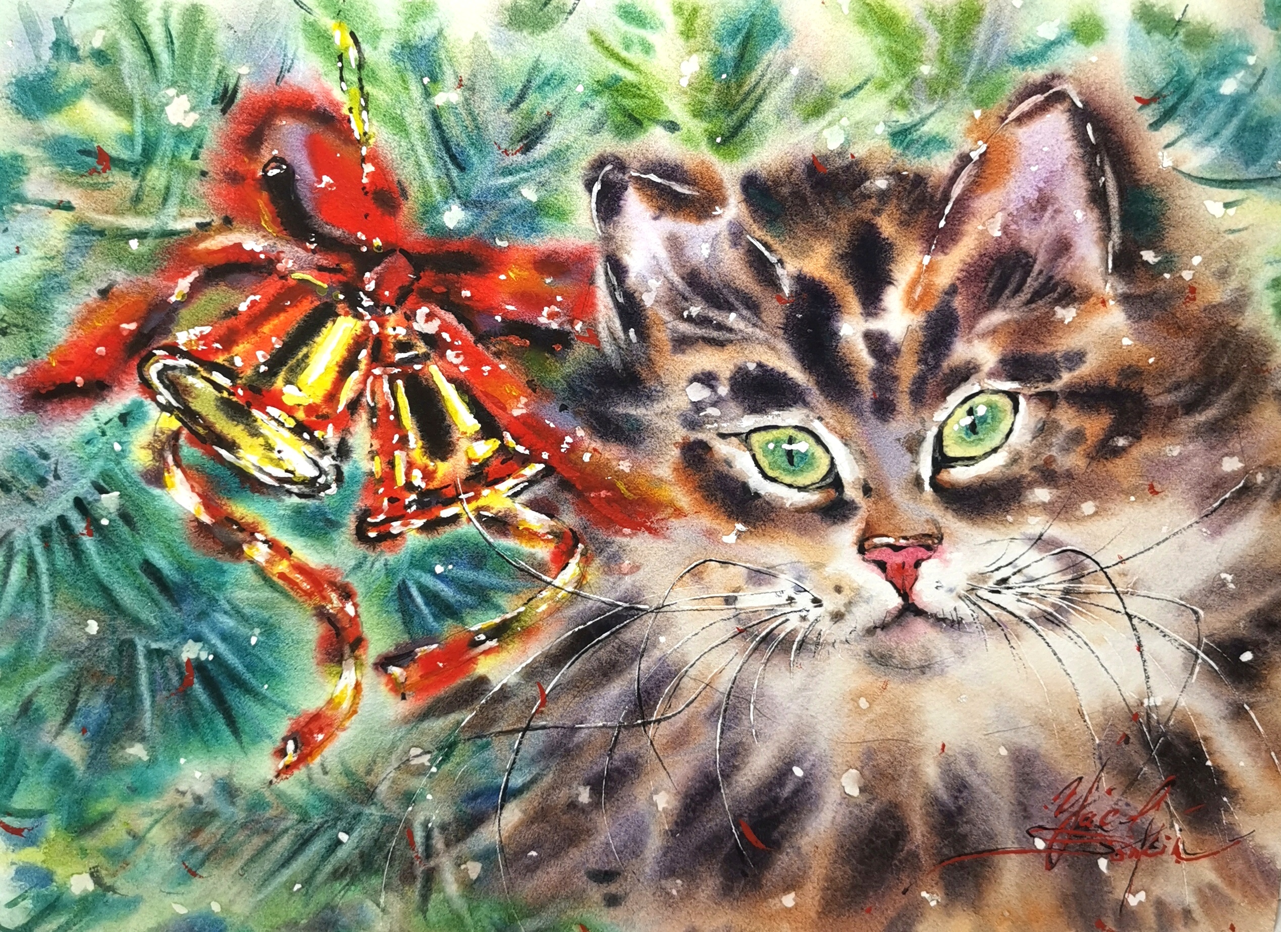 watercolor painting of a fluffy tabby cat with green eyes and Christmas bells tied with a red ribbon on pine branches, original holiday art by Yael Natali