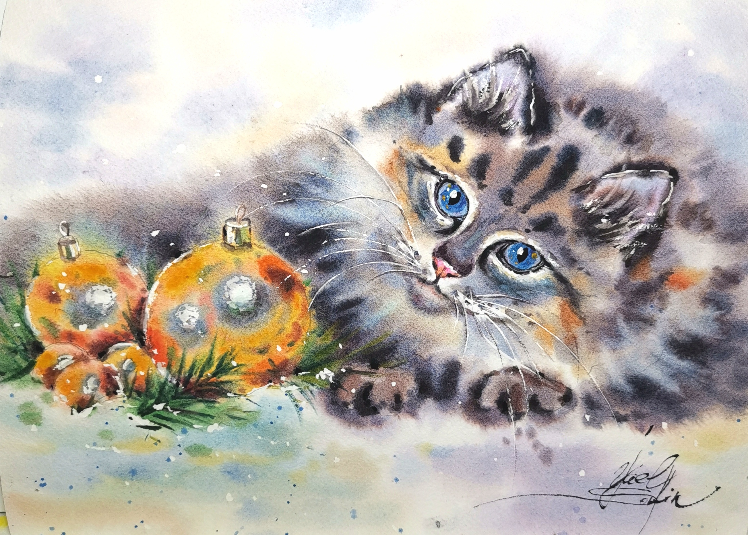 watercolor painting of a cute fluffy kitten with blue eyes playing with shiny Christmas balls, festive holiday art by Yael Natali, original cat watercolor illustration on paper, perfect Christmas gift for cat lovers