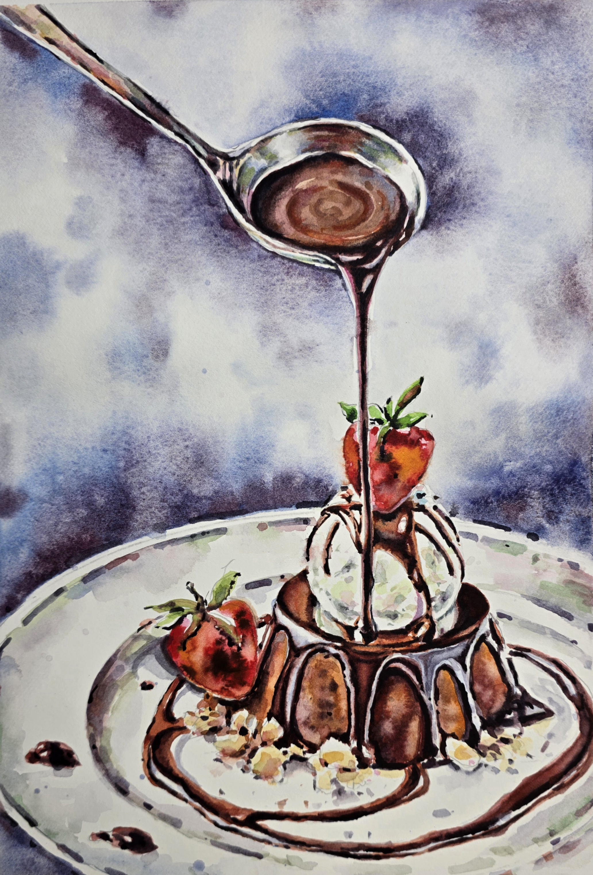 Original watercolor painting of chocolate dessert with strawberries and chocolate sauce on a plate