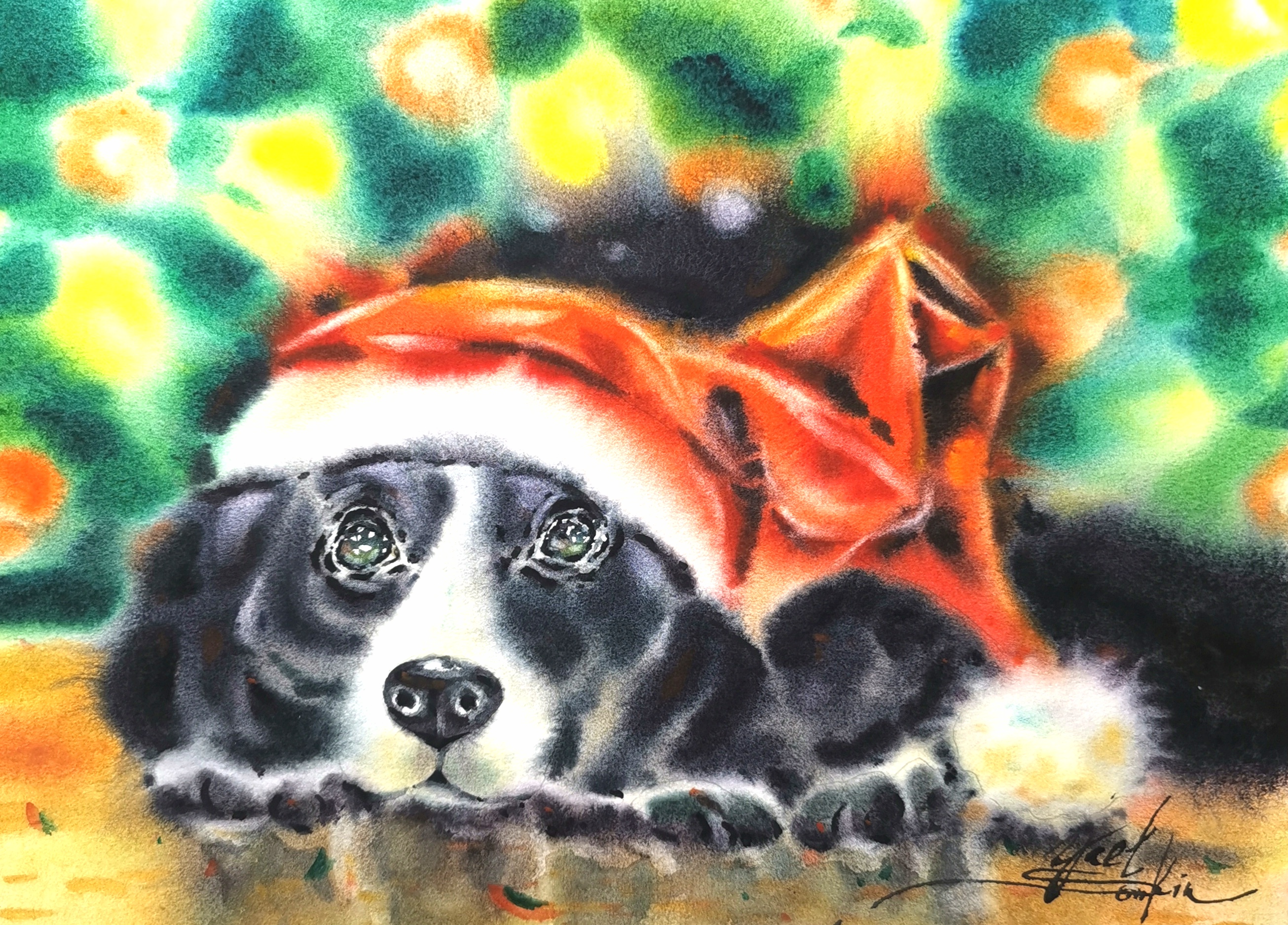 Original watercolor painting of a black dog in a red Santa hat by Yael Natali. Christmas pet art with festive holiday lights, cozy atmosphere, and emotional expression — perfect wall decor for dog lovers