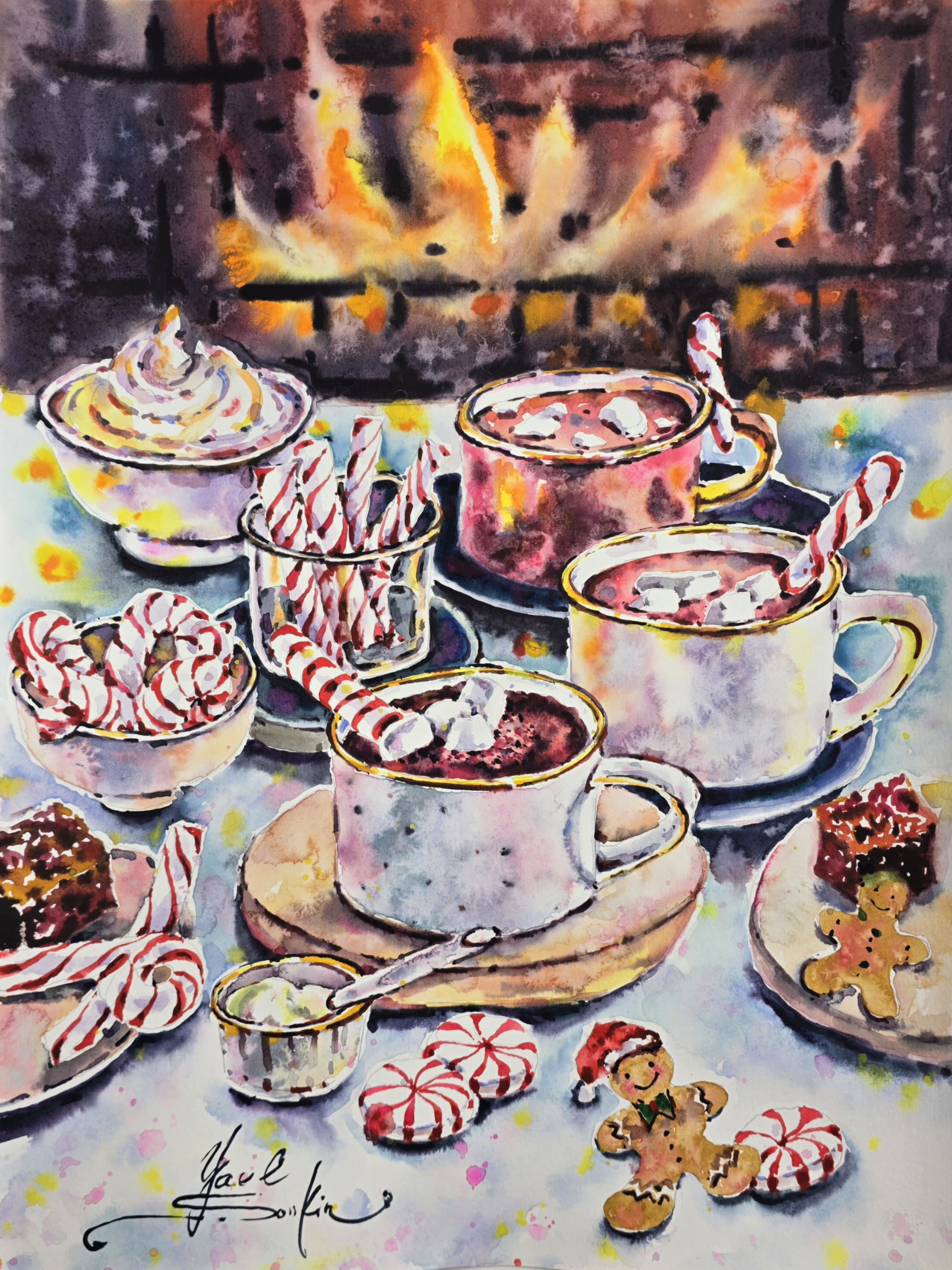 Original watercolor painting of cozy Christmas cocoa with candy canes, gingerbread cookies and fireplace