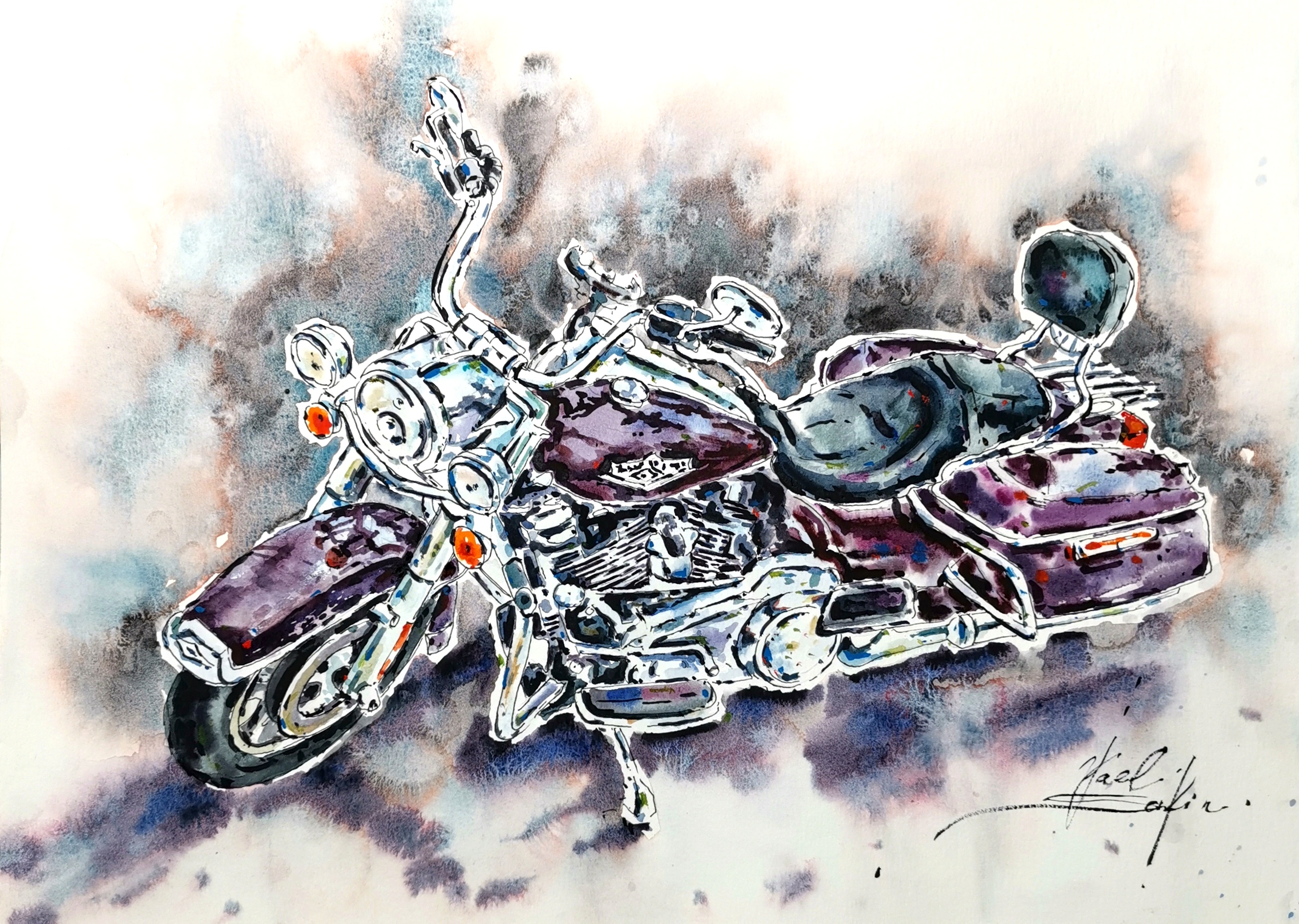 Original watercolor painting of a Harley-Davidson cruiser motorcycle by artist Yael Natali. Realistic bike artwork in purple and silver tones with expressive brushstrokes, symbolizing freedom, adventure, and road spirit. Perfect gift for motorcycle riders and Harley-Davidson enthusiasts
