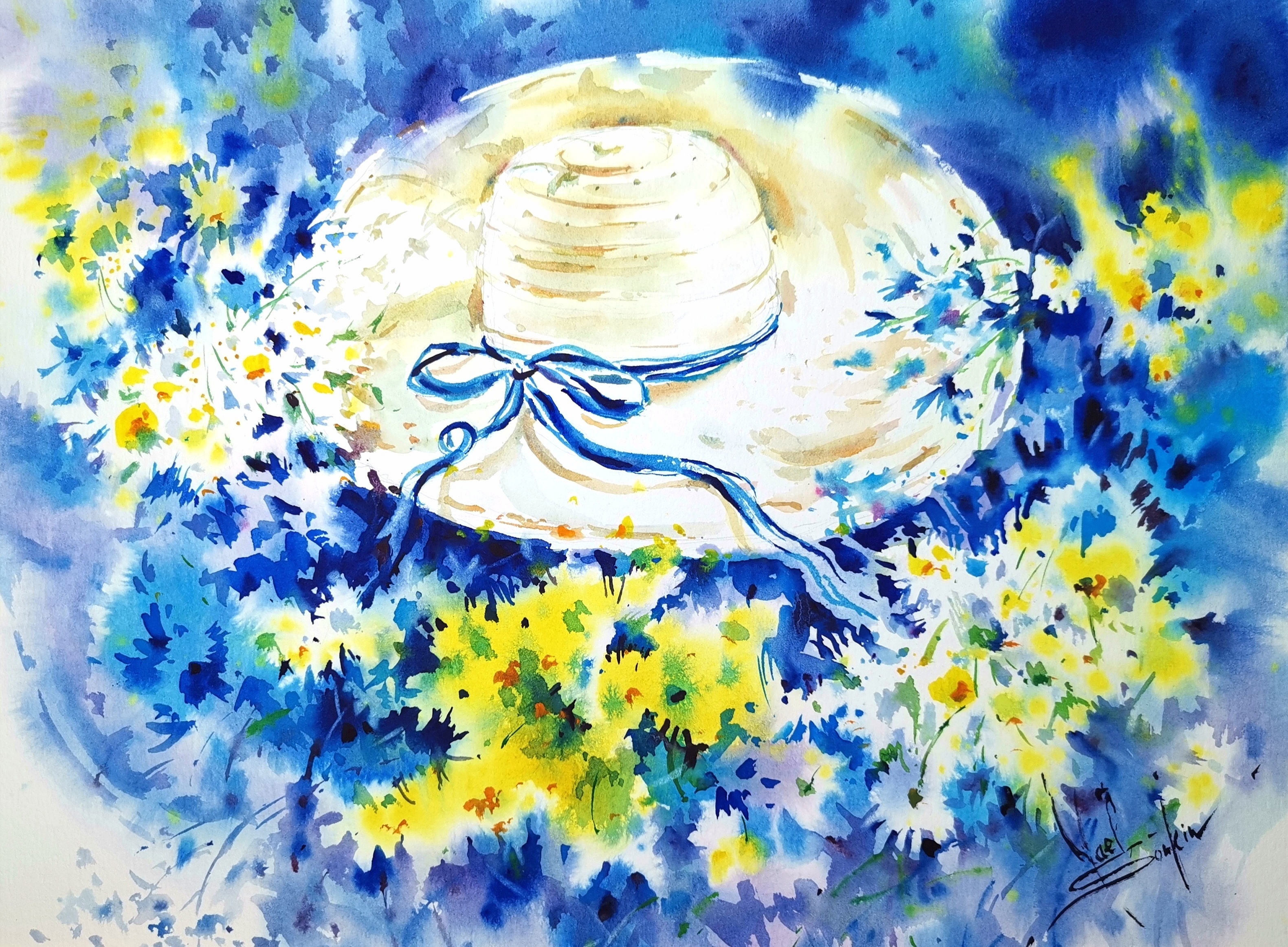 Original watercolor painting of a straw hat with blue ribbon surrounded by yellow and white daisies and wildflowers by artist Yael Natali. Summer floral artwork in bright blue and yellow tones, romantic cottagecore watercolor decor, perfect wall art for nature and flower lovers