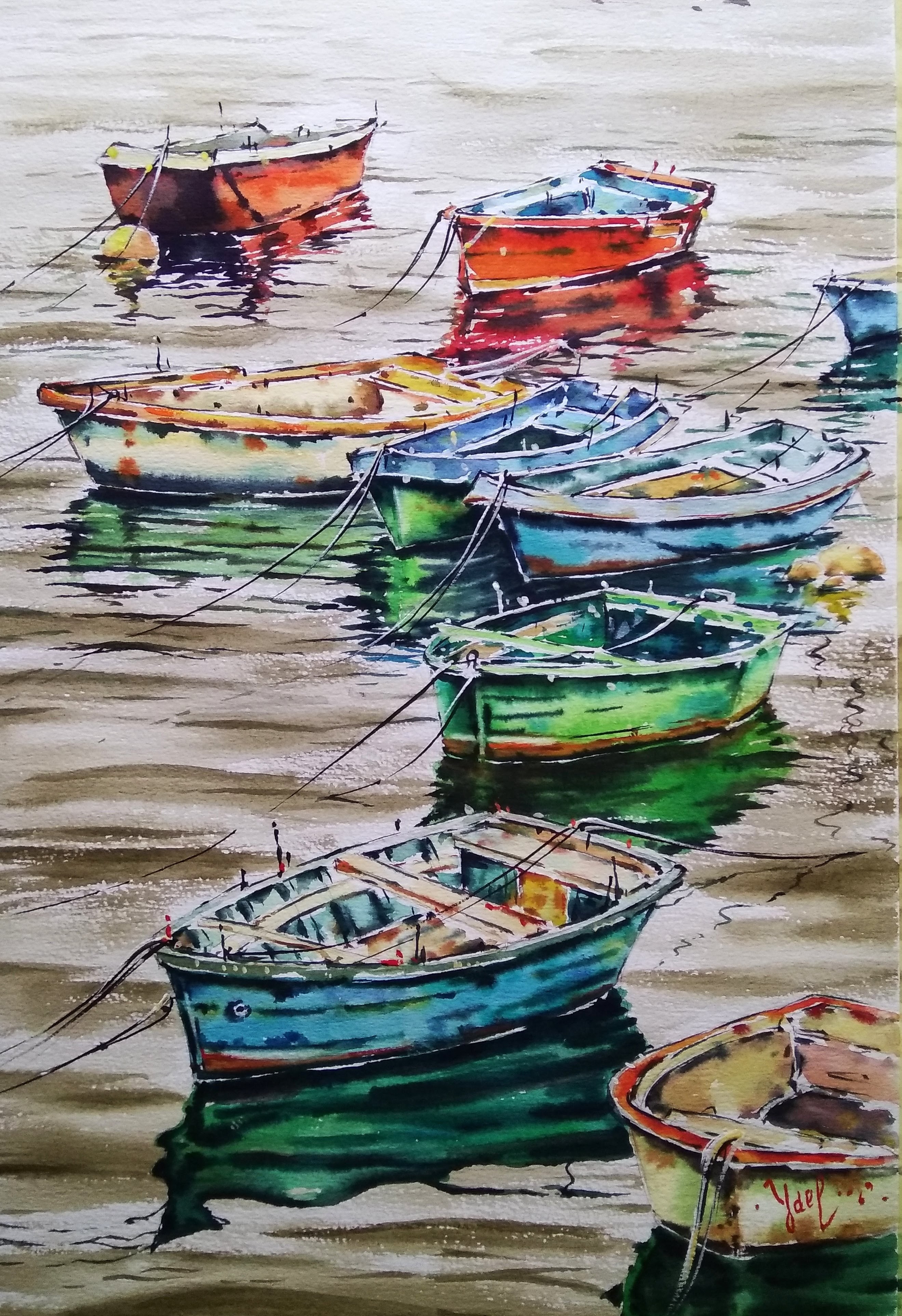 watercolor painting of colorful Mediterranean fishing boats in a calm harbor, tied to the shore, with reflections on the water, original seascape wall art, 22x15 inches