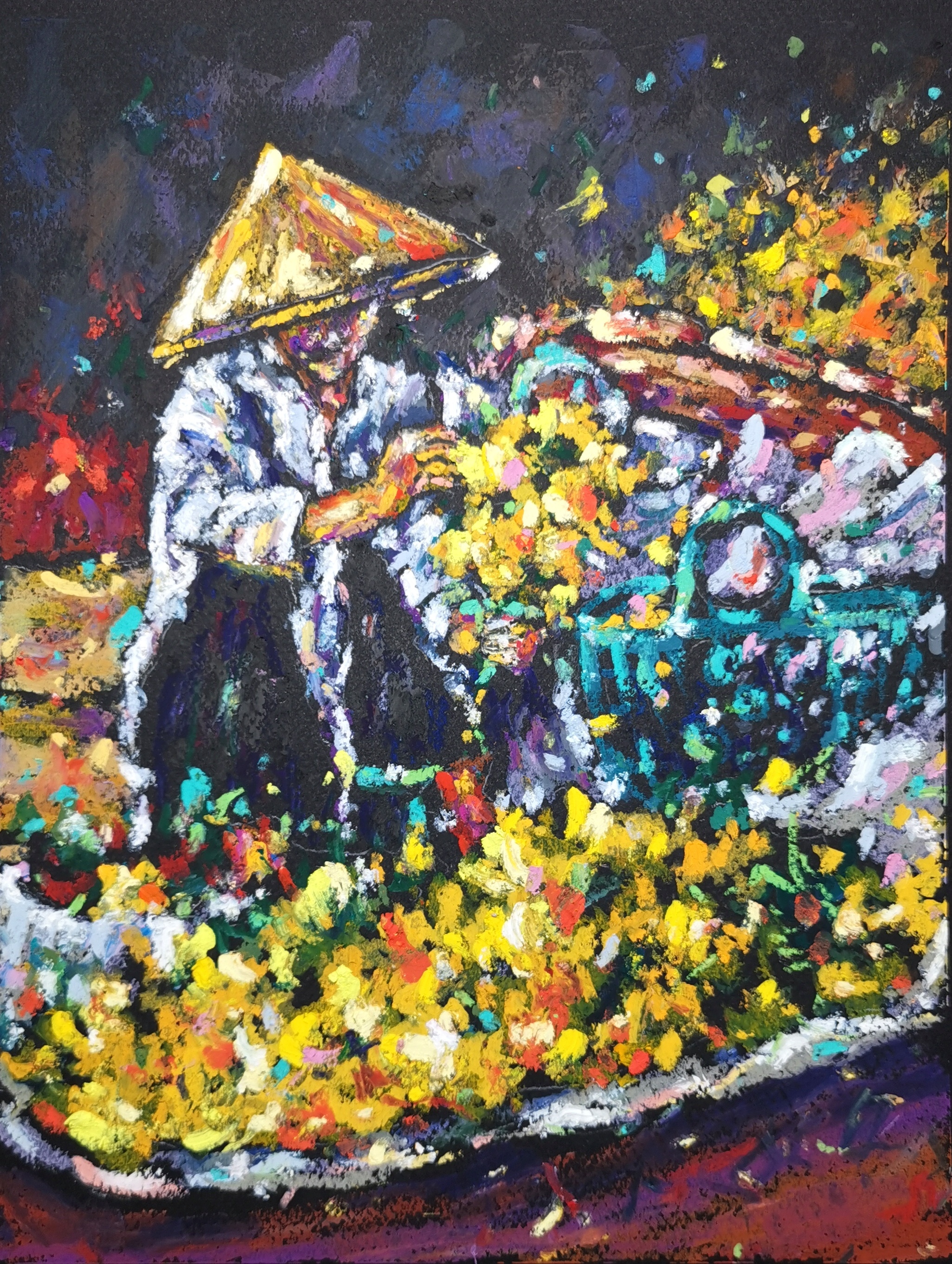 original oil pastel painting vietnamese flower vendor, street market art, conical hat, colorful blossoms, asian culture wall decor, 12x9.5 inches