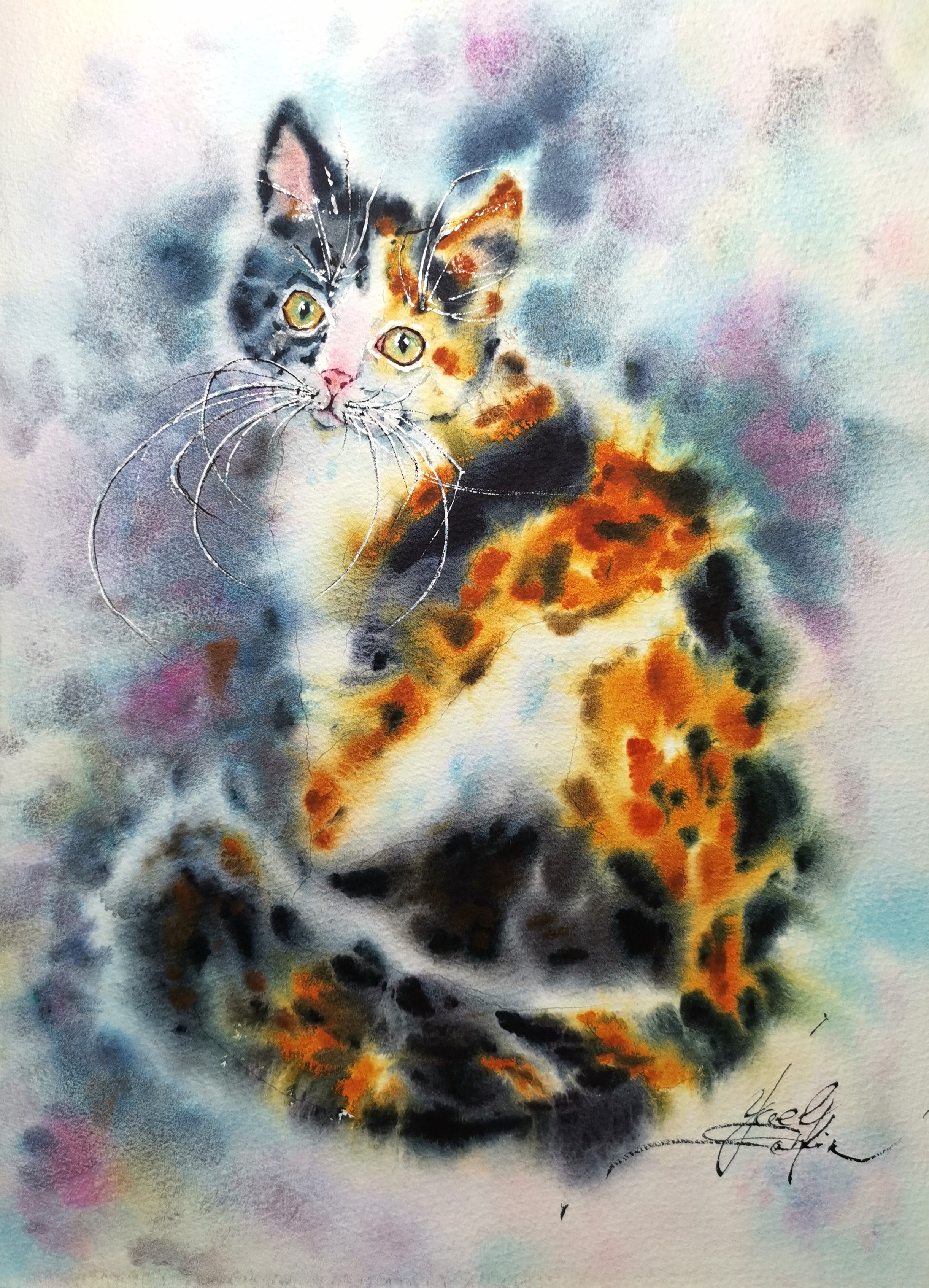 original watercolor calico cat painting, hand painted feline wall art, signed by artist yael natali, 15x11 inch, colorful pet portrait home decor
