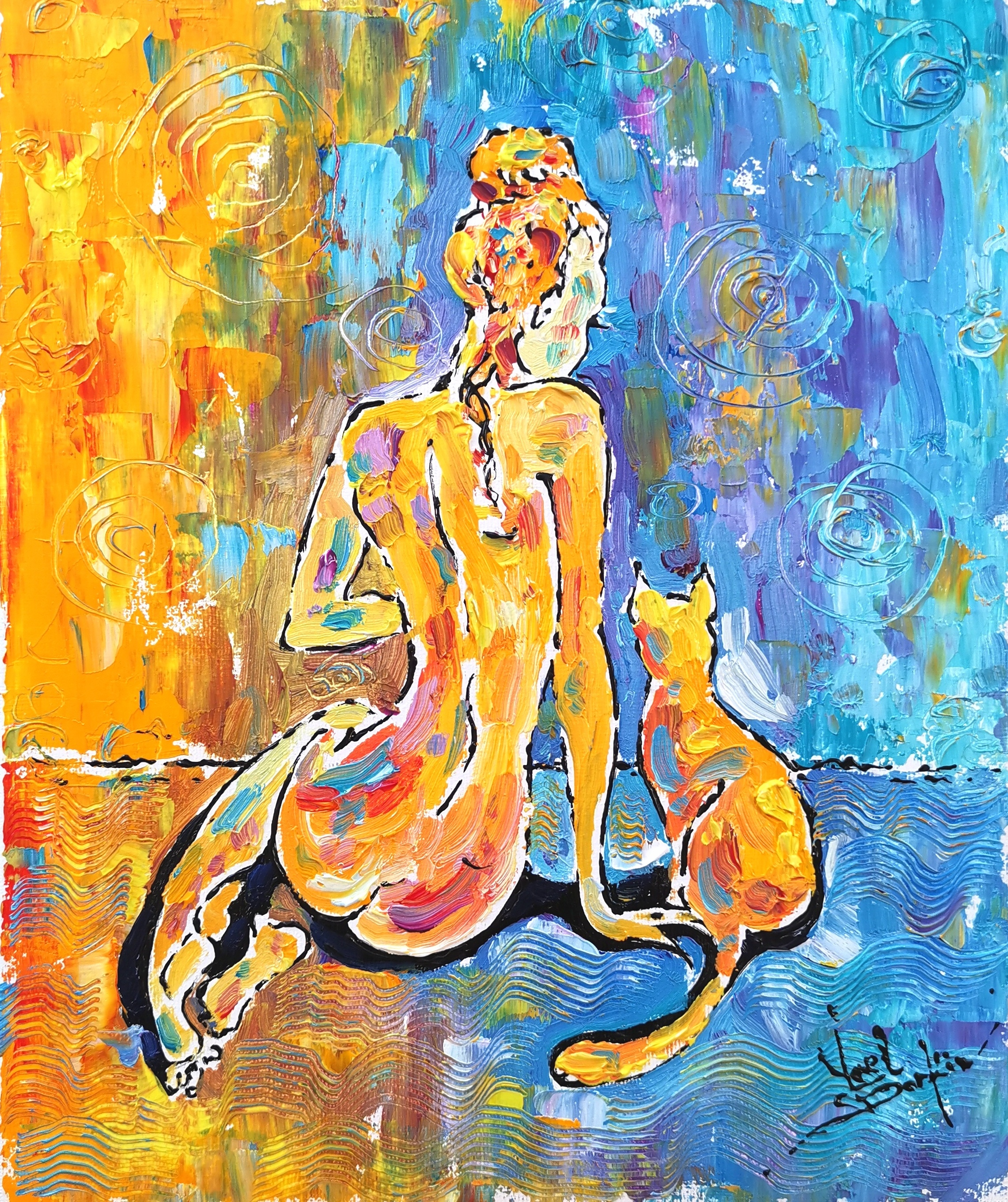 vibrant oil on canvas artwork of a female figure with cat, orange and blue palette, modern textured art