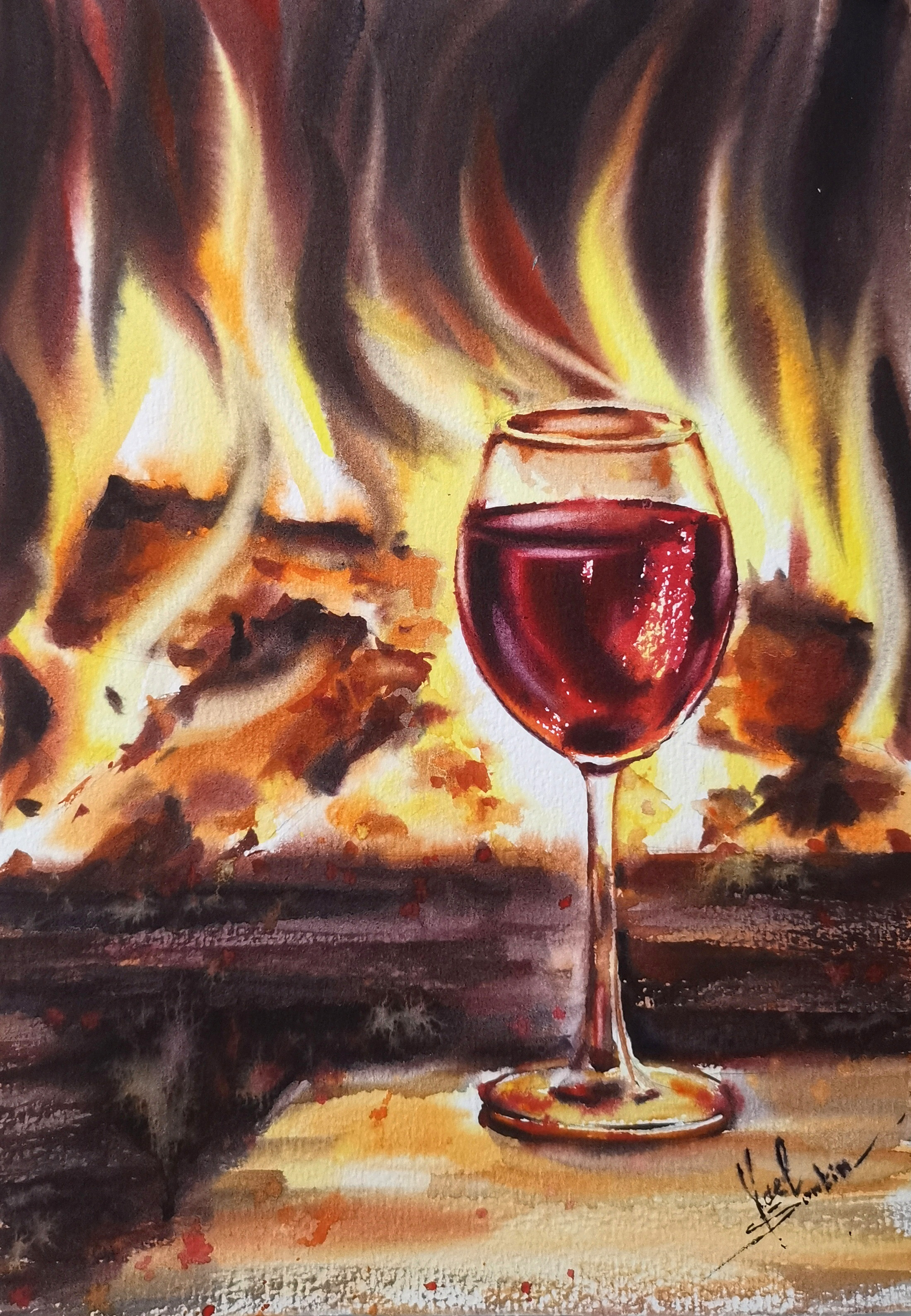 watercolor painting of a glass of red wine by the fireplace, cozy warm evening still life by artist Yael Natali, realistic glowing fire and reflections, original wall art