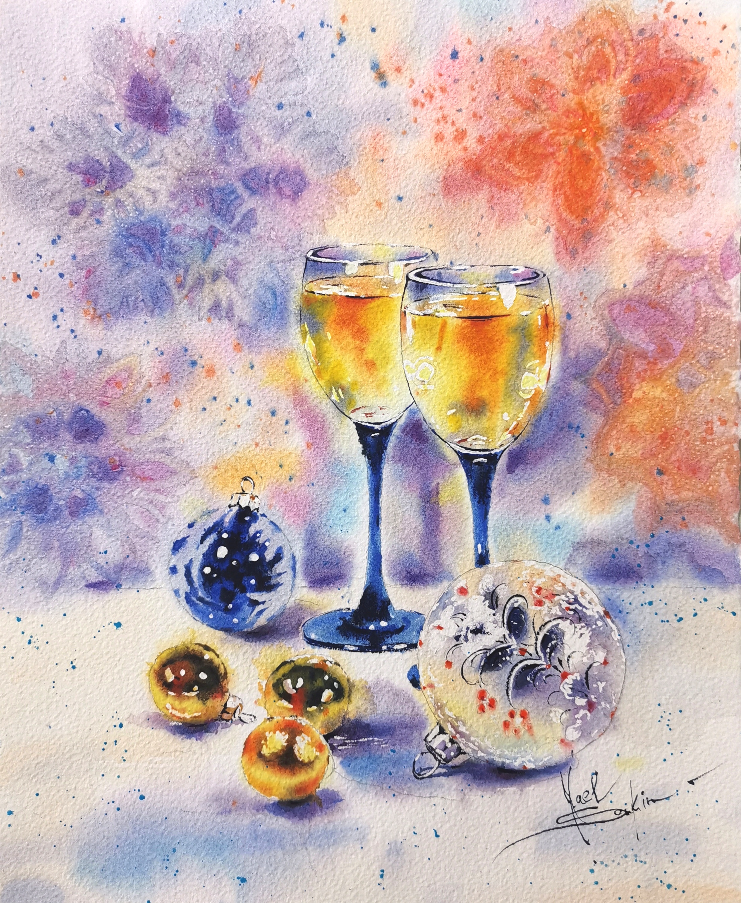 original watercolor painting of two wine glasses with sparkling Christmas decorations and ornaments on a festive background, 14.5x11 inches