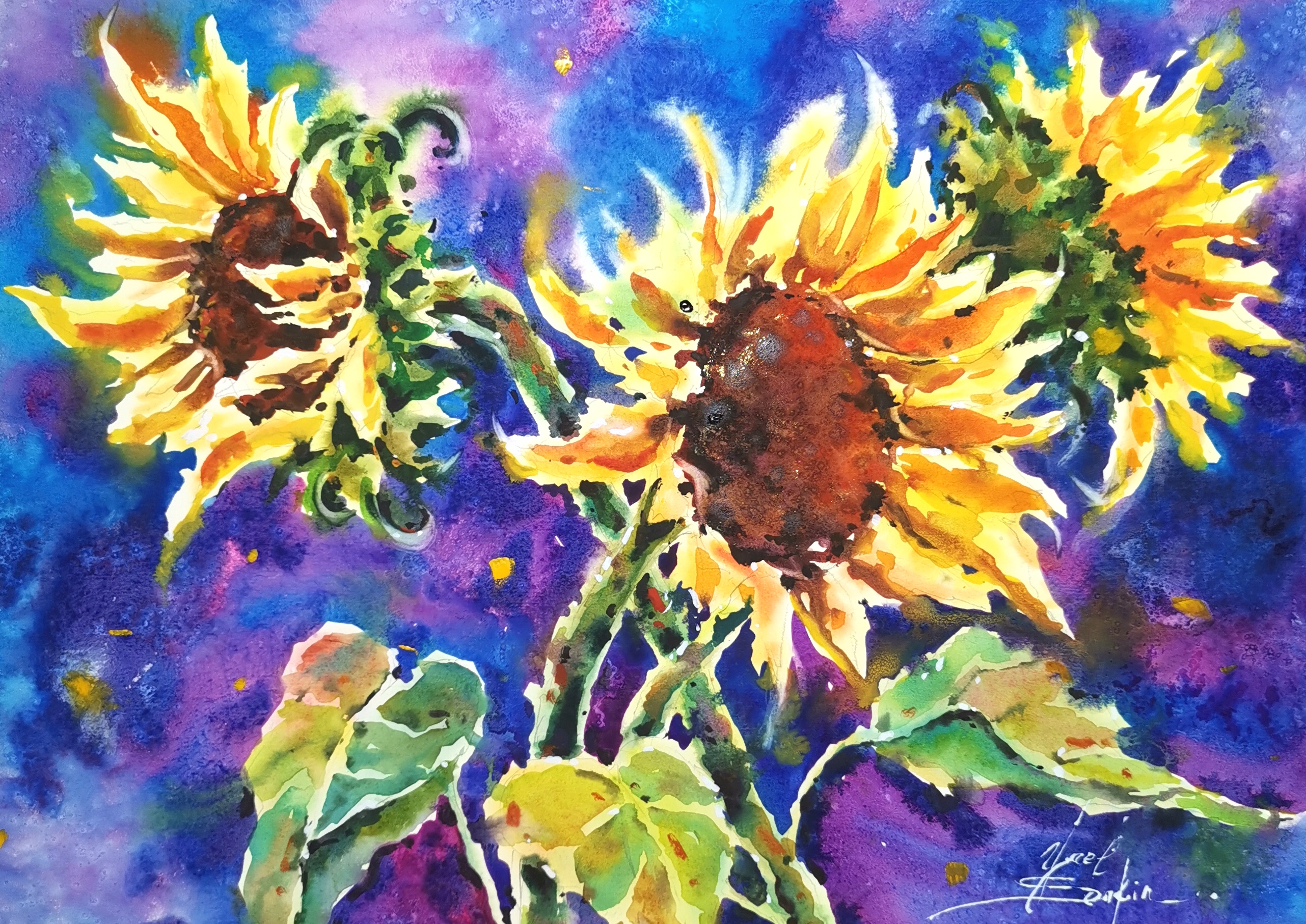 original watercolor painting of golden sunflowers with vibrant blue and violet background, floral wall art, expressive impressionistic flower artwork, 11x15 inches