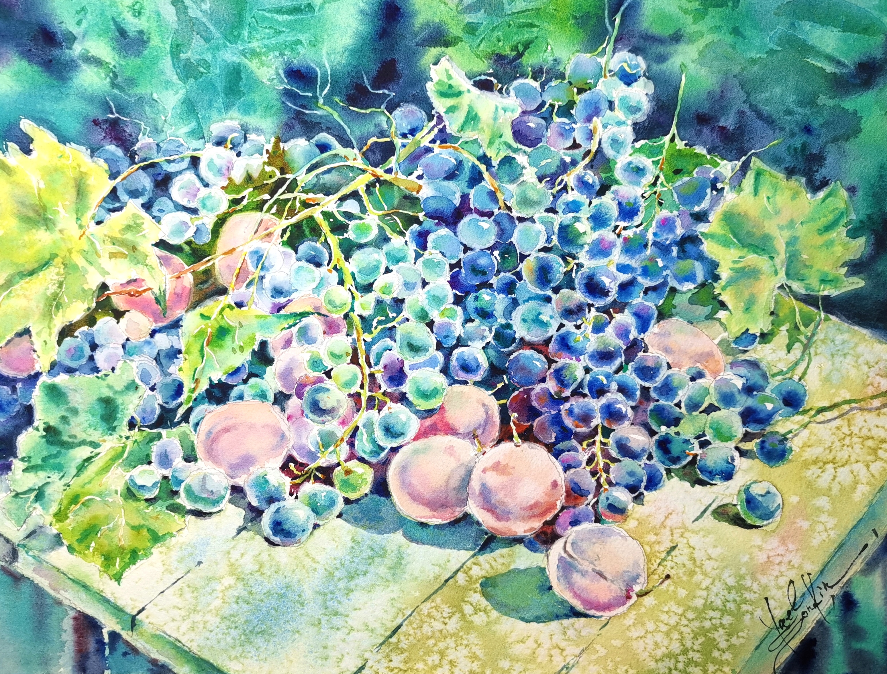 Original watercolor still life painting of grapes and peaches by Yael Natali. Vibrant fruit artwork featuring purple grapes and soft peaches on a rustic table, painted in luminous watercolor tones. Perfect kitchen or dining room wall art for fruit and watercolor lovers