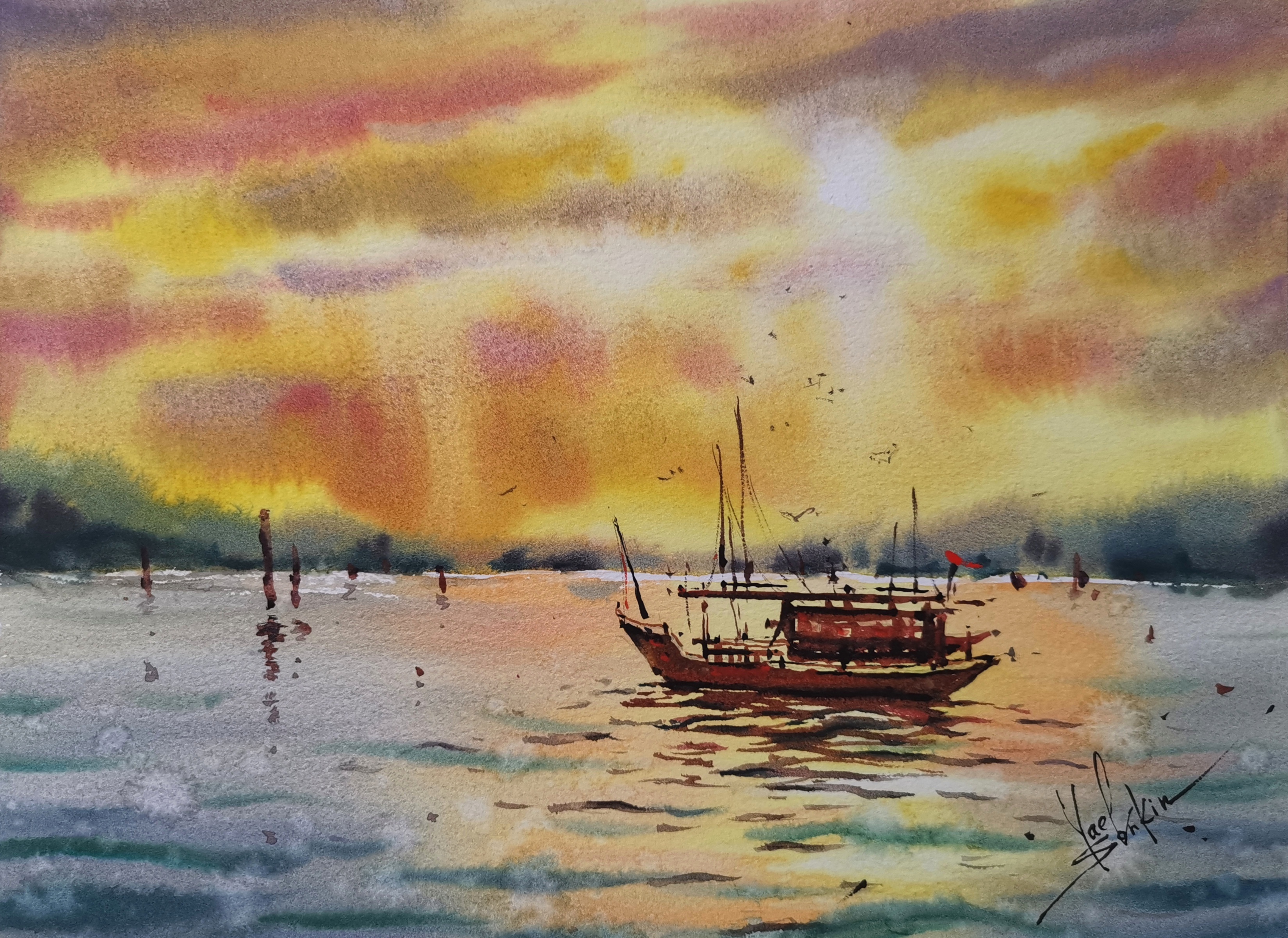 original watercolor painting of a Hong Kong sunset with traditional junk boat on the harbor, golden sky and water reflections, Asian nautical wall art, 9x12 inches