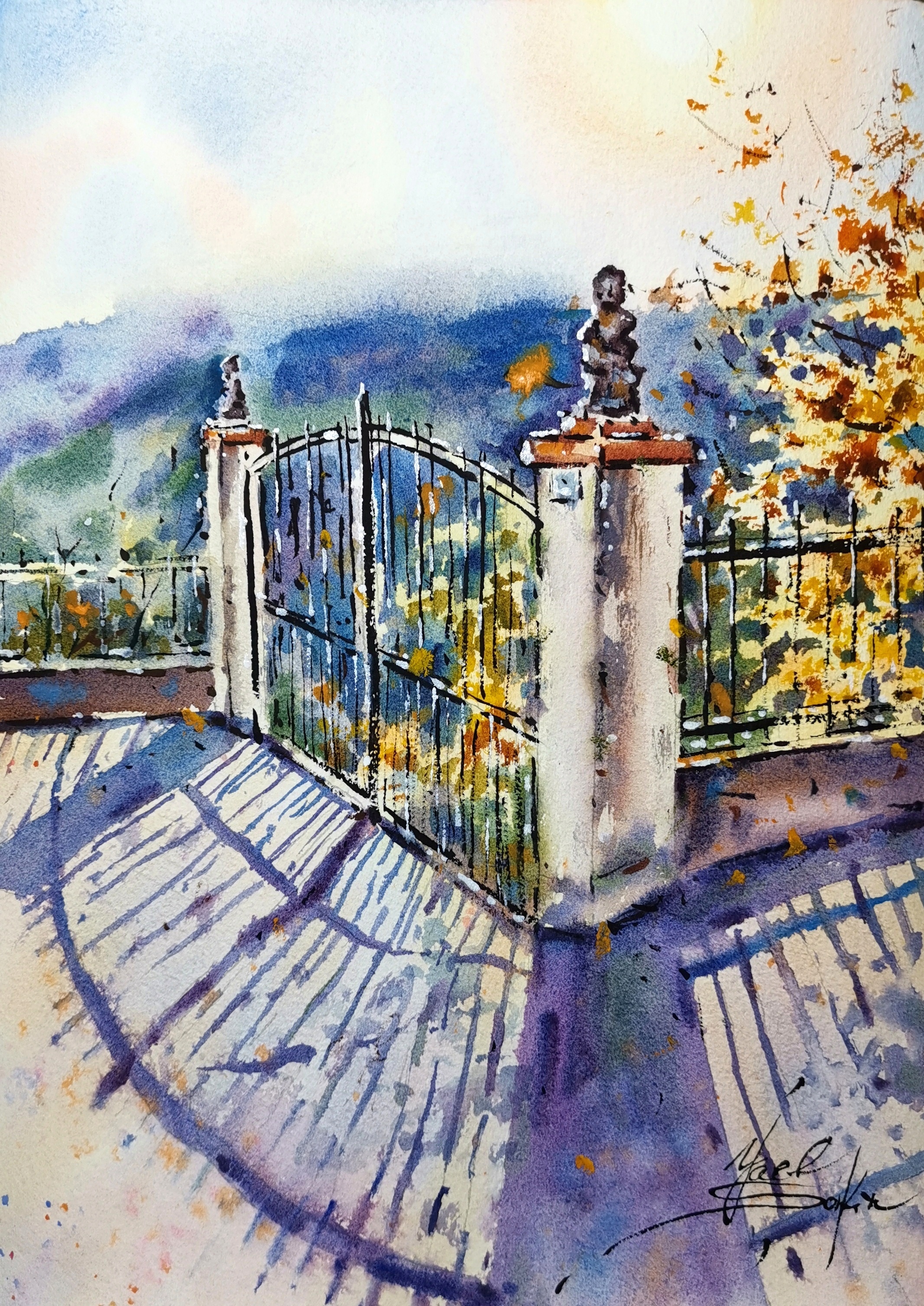 Original watercolor painting “Italian Garden Gate. Imperia” by Yael Natali — Italian mountain landscape featuring an elegant wrought-iron gate, stone pillars, and statues in warm sunlight. The scene overlooks the hills of Imperia, Italy, with long shadows and golden foliage capturing the Mediterranean atmosphere. Fine art watercolor of Italian architecture, mountains, and garden view, perfect for lovers of Italy landscape and travel art