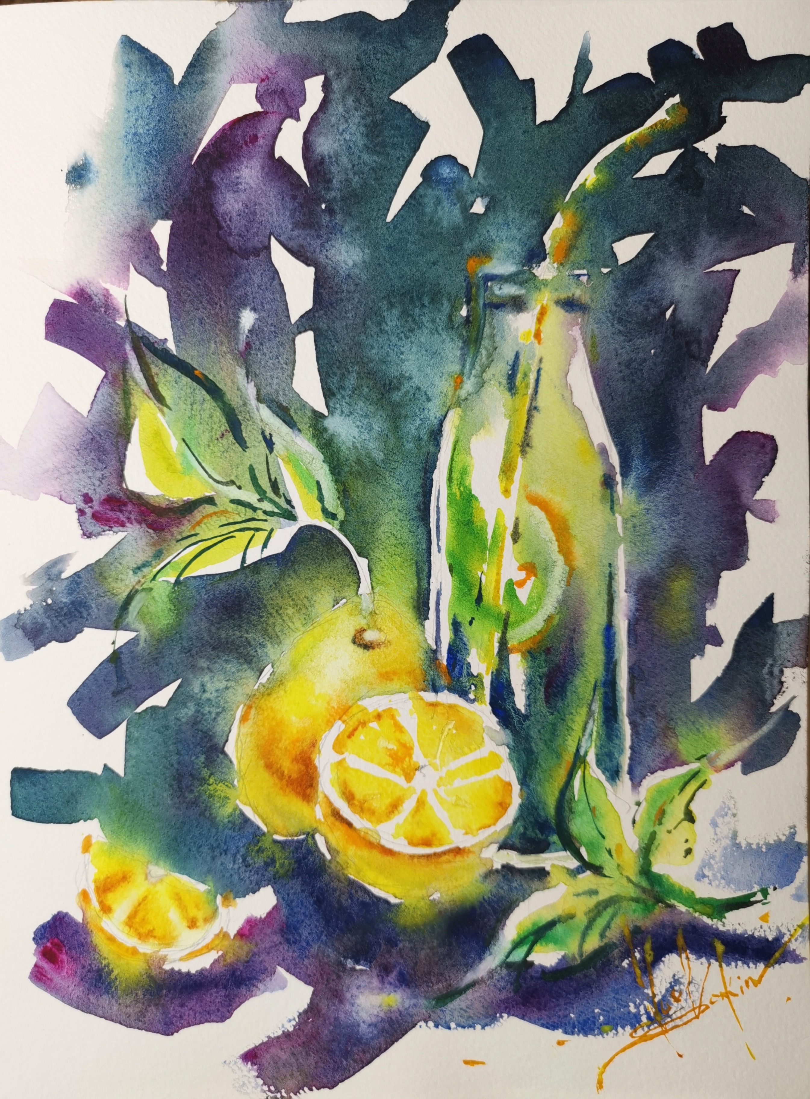 Original watercolor painting “Lemons and Lemonade” by Yael Natali — vibrant still life with yellow lemons, green glass bottle, and citrus slices painted in expressive brushstrokes. Bright summer composition symbolizing freshness, sunlight, and homemade lemonade