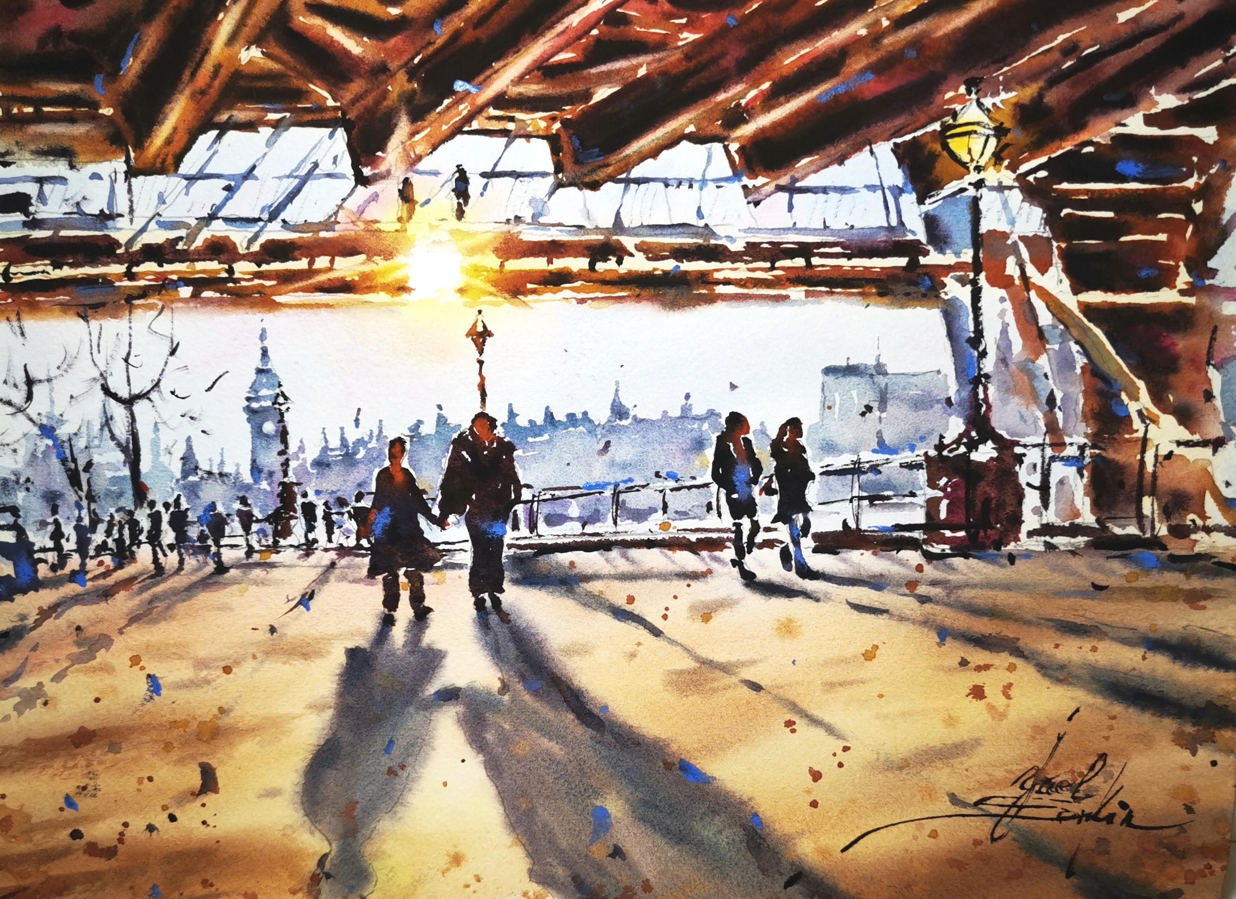 Original watercolor painting of London sunset with silhouettes of people, Big Ben in the distance, and warm golden light, hand-painted on professional paper, 9x12 inches