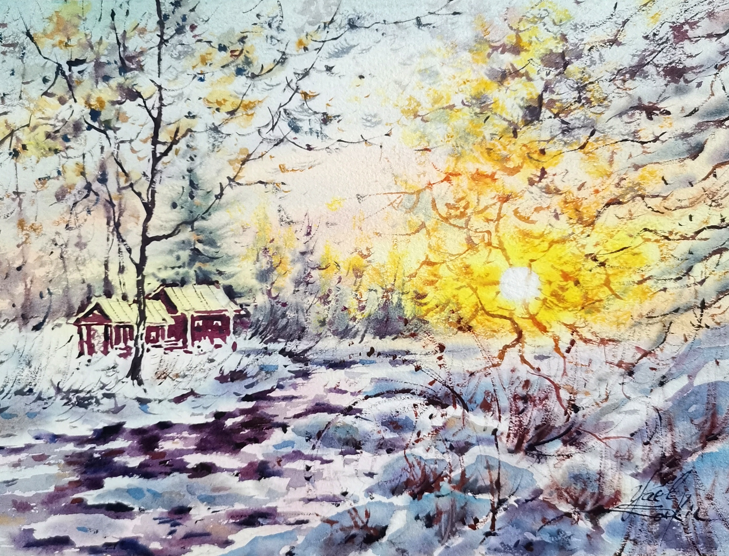 original watercolor painting Morning Glow in Winter, snowy sunrise landscape with forest and cottage, winter wall art 9x12 inches