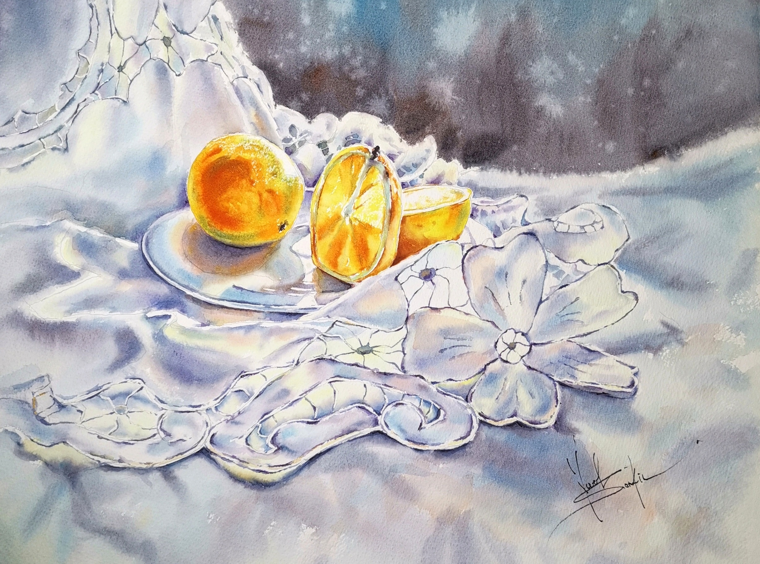 Original watercolor painting of oranges on a white lace tablecloth by Yael Natali. Realistic still life artwork painted on 600gsm cold press paper, featuring bright citrus fruits, delicate fabric texture, and soft natural light