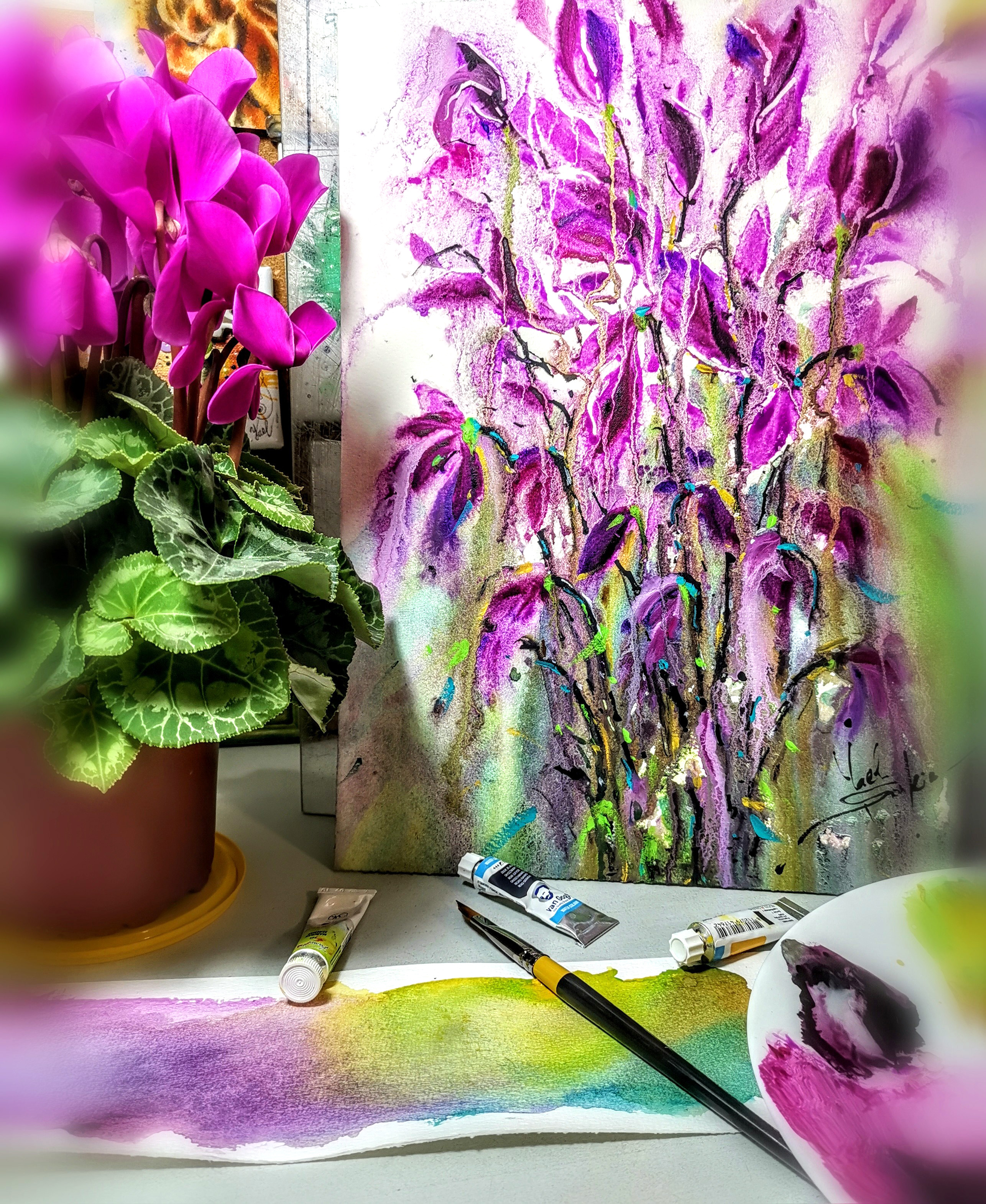 original watercolor painting of purple cyclamen flowers by Yael Natali, vibrant floral artwork in magenta and green tones, contemporary botanical wall art, 15x11 inches, hand-painted with expressive brushstrokes, unframed and signed by the artist